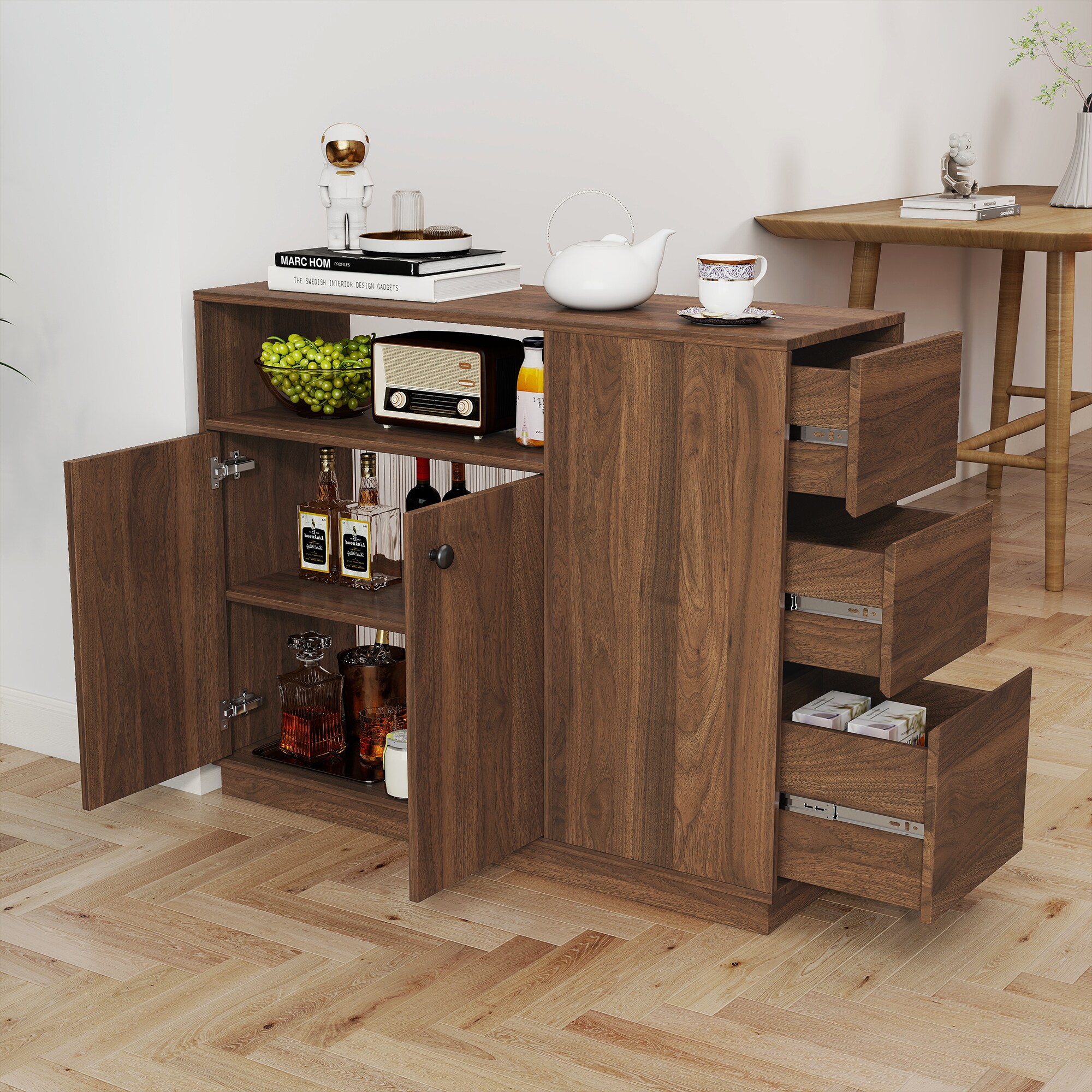 GDFStudio 344629 Renfroe Contemporary Wood Kitchen Sideboard with Glass Sliding Doors and Drawers Walnut