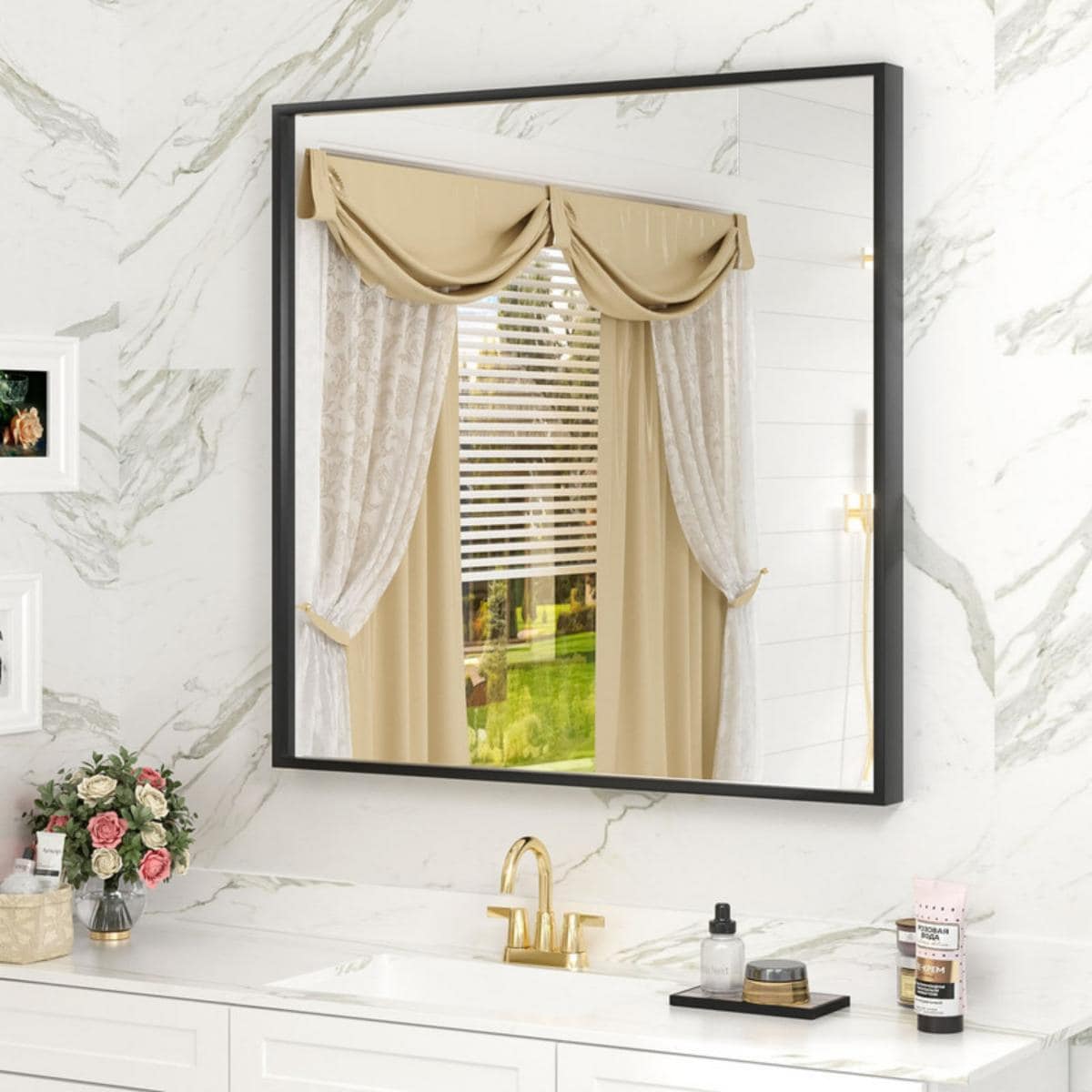 LOAAO 36-in W x 36-in H Framed Rectangle Bathroom Vanity Mirror (Black)