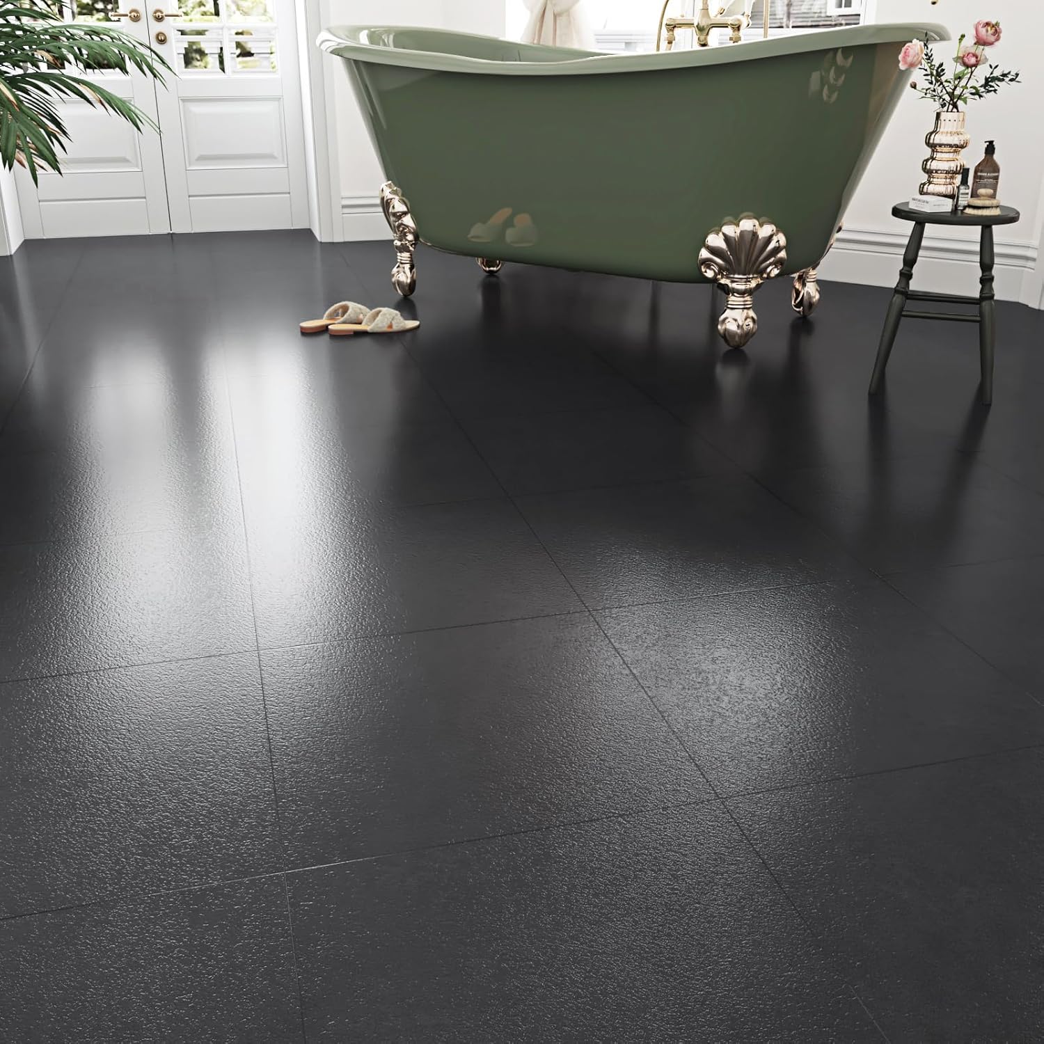 WESTICK 20 Pcs Black Floor Tiles Peel and Stick Waterproof Bathroom Peel  and Stick Floor Tile Renter Friendly Vinyl Flooring Self Adhesive Kitchen  Laminate Flooring for Bedroom Laundry Room in the Wallpaper, image size:900x900