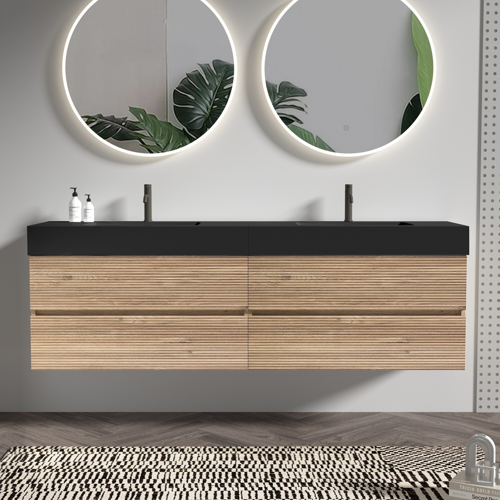 LIVACA 72 inch Black and Brown Rough Oak Bathroom Vanity with Engineered Matt Black Solid Surface Sink and Soft Drawers Wall Mount Floating Bathroom Vanity for Modern Bathroom