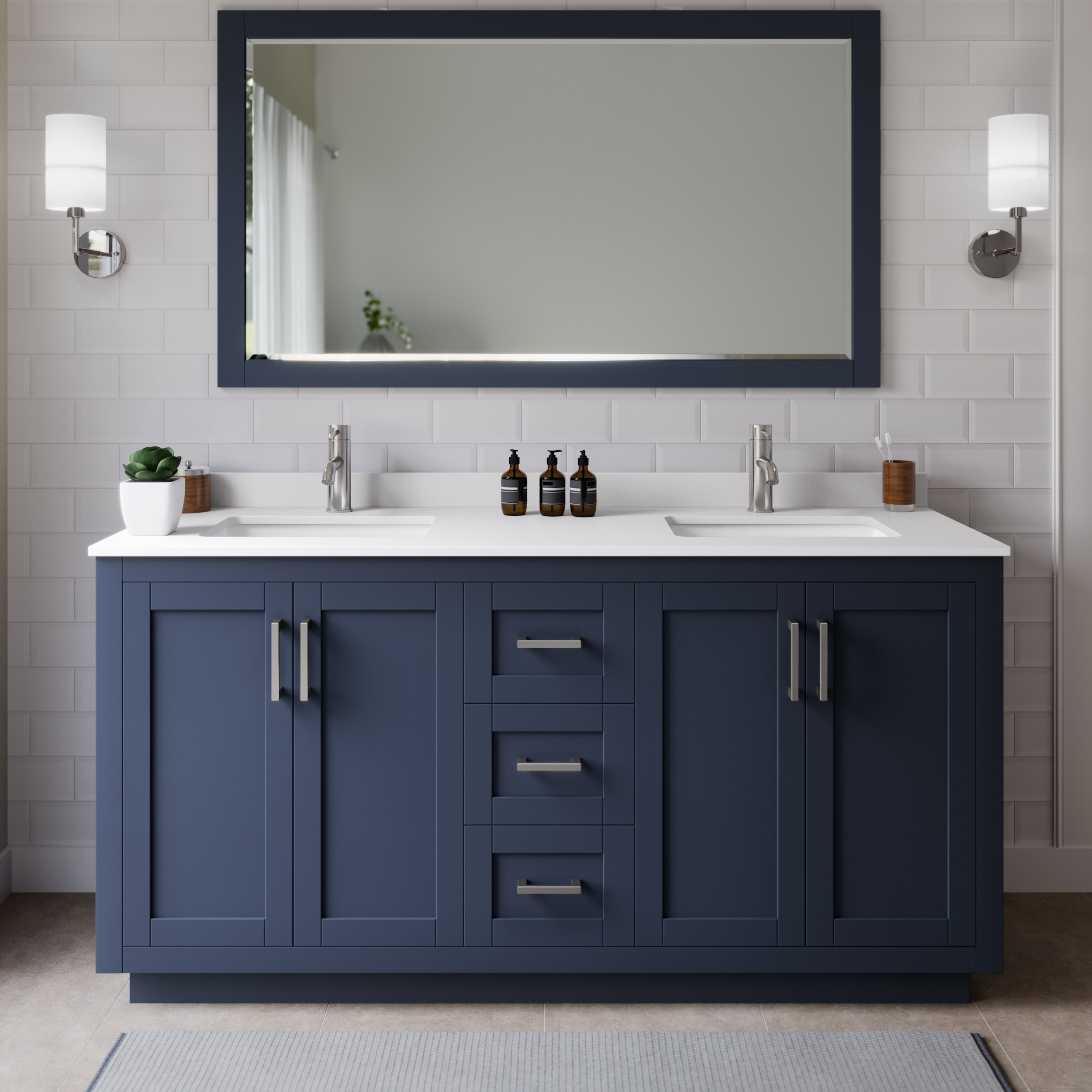 Wyndham Collection WCF292966DBNWCUNSM58 Miranda 66-in Dark Blue with Brushed Nickel Trim Undermount Double sink Bathroom Vanity with White Cultured Marble Cultured marble Top (Mirror Included)