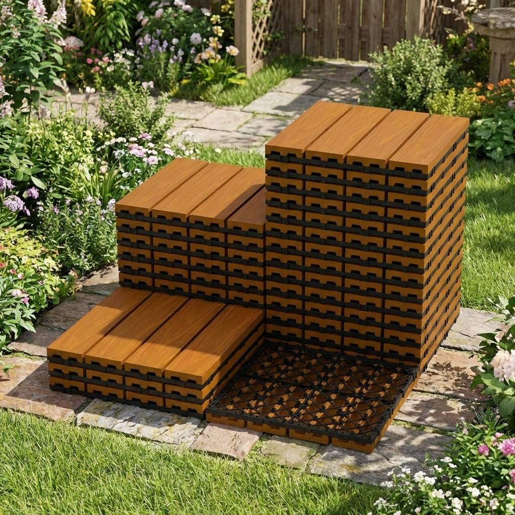 Encore Beets 27 Pack 12x12in Interlocking Deck Tiles Teak Easy Snap Together Design for Patio Balcony Poolside Garden Waterproof 27 Sq Ft
