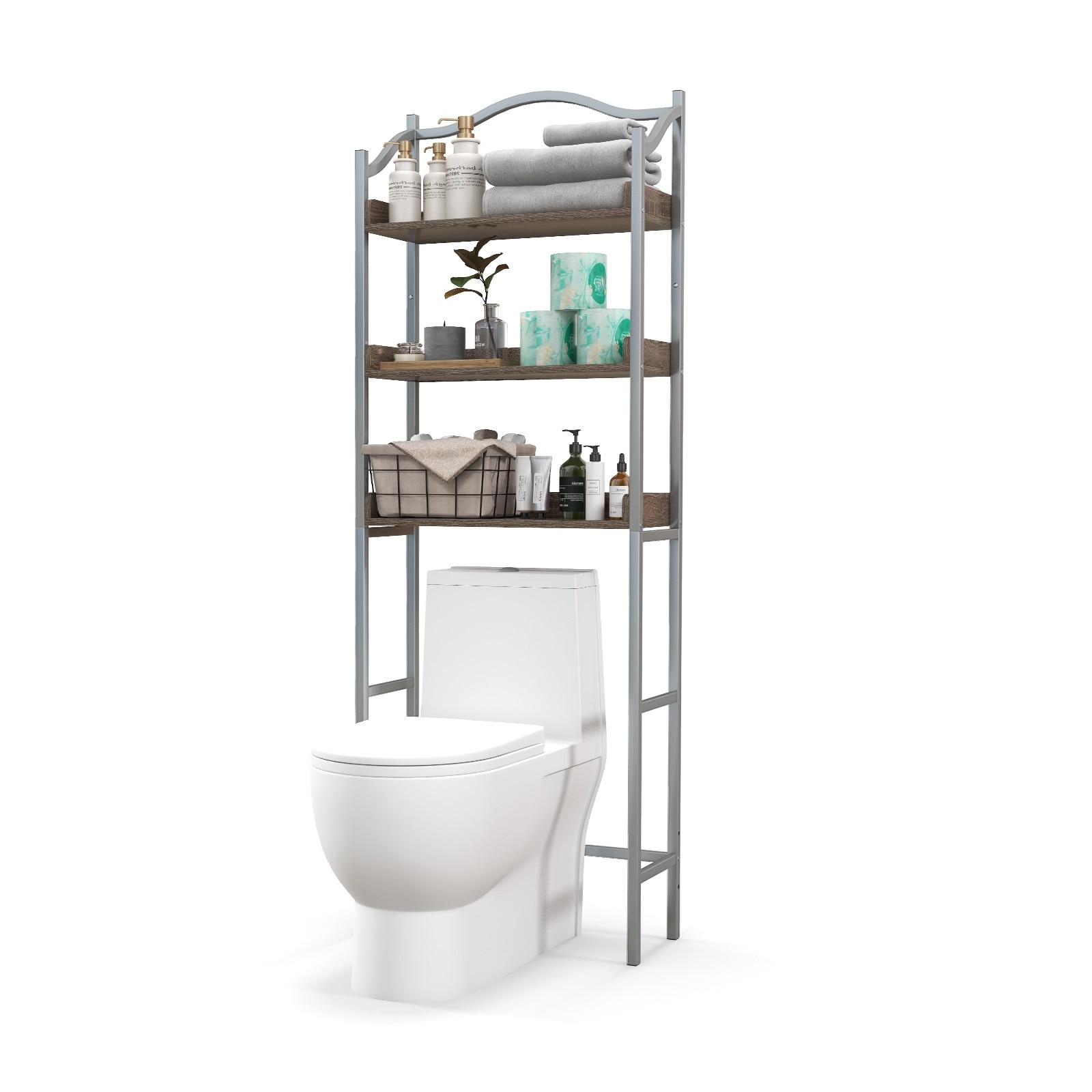 Slickblue Black/Silver Over the Toilet Storage Rack (24 x 66 x 9) with 3 Shelf Adjustable Bottom Bar and High Guardrail for Bathroom or Laundry Room