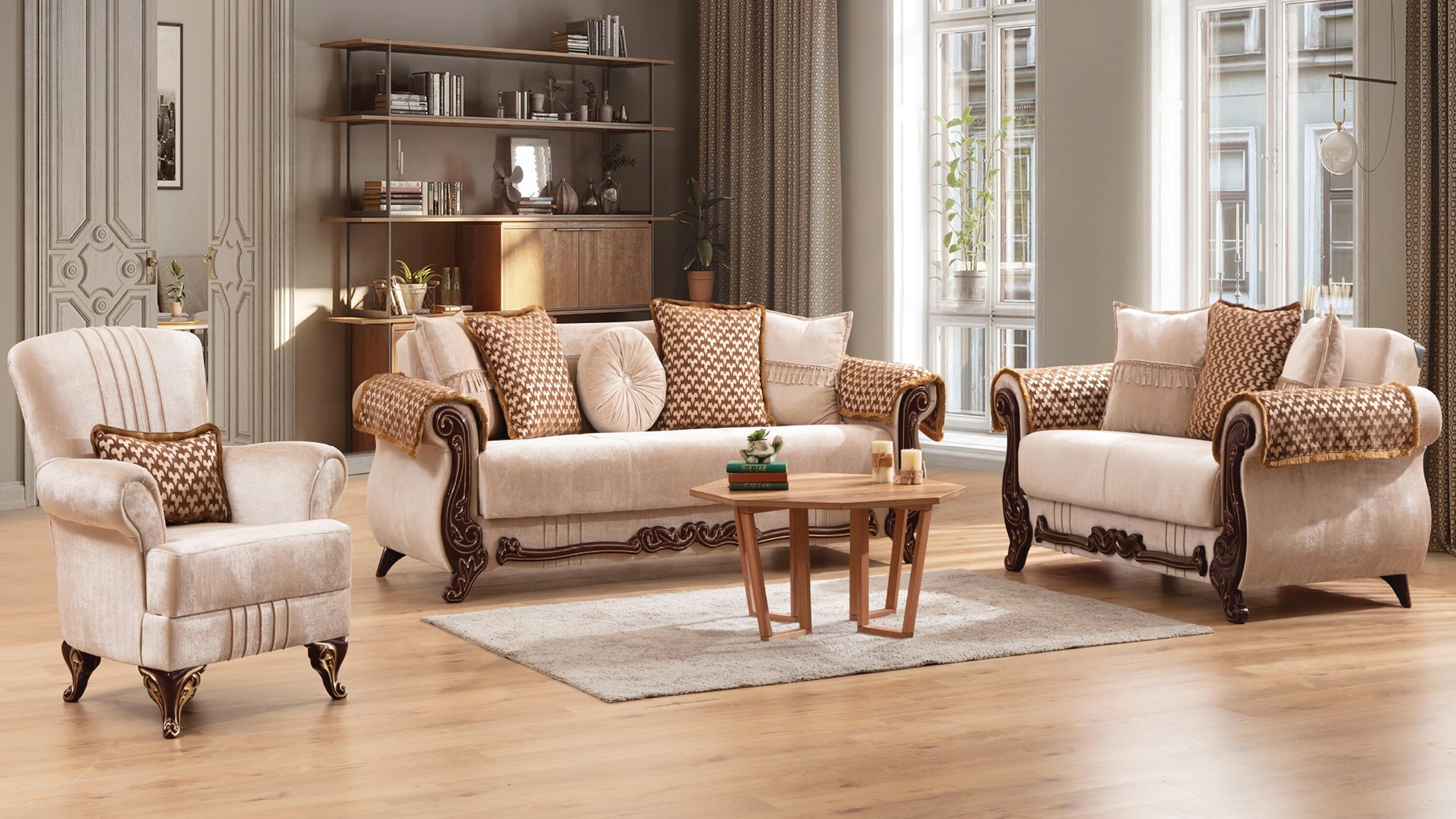Galaxy 698781229262 Modern 3 -Piece Velvet Beige Living Room Set