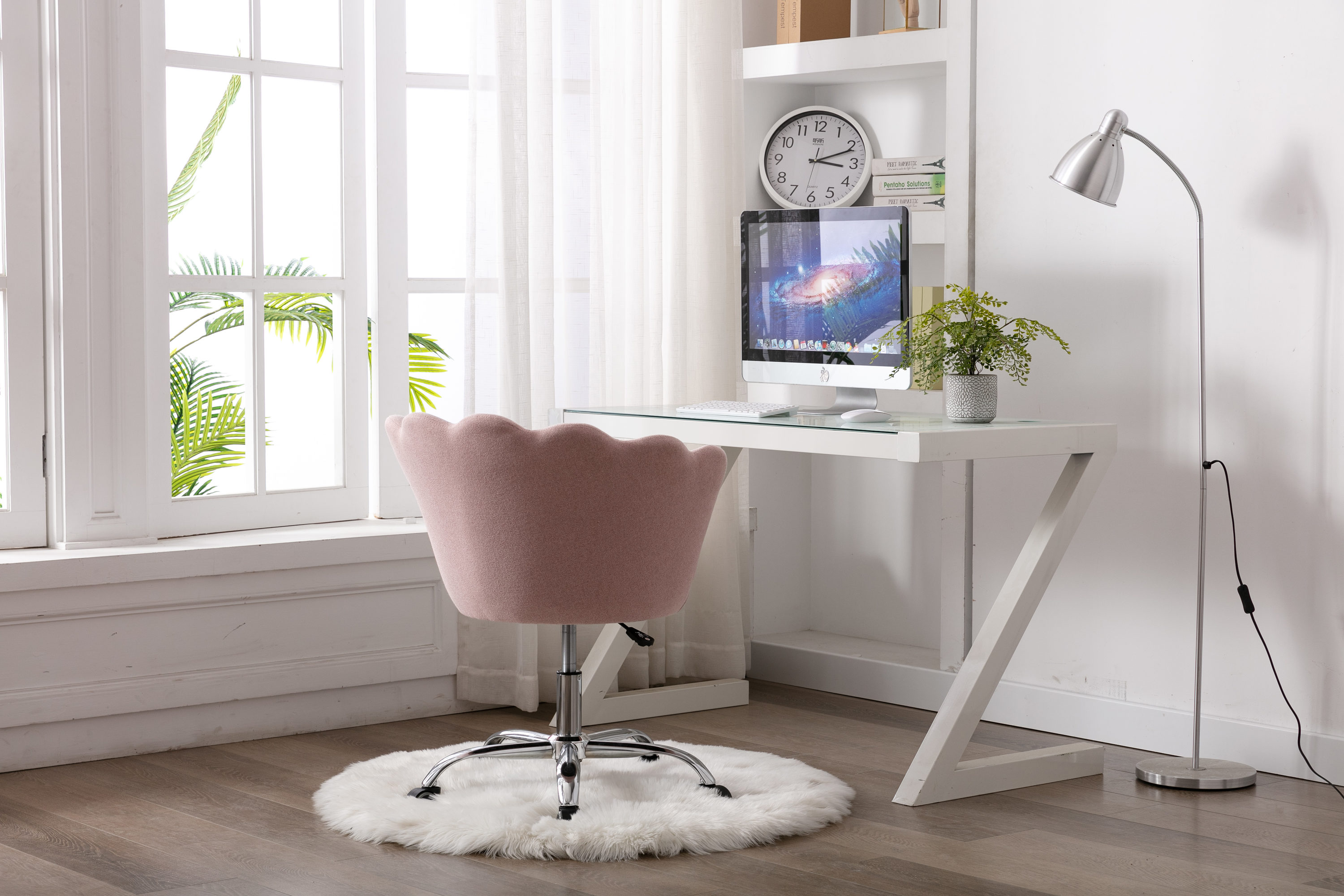 Pouuin Pink Office Chair Pink Seat Cushion and Silver Metal Frame