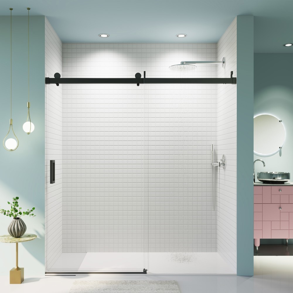 Basdien 72 in W 76 in H Matte Black Frameless Single Sliding Soft Close Shower Door with Buffer 3/8 in Thick SGCC Clear Tempered Glass Reversible Installation Waterproof Strip Stainless Steel Handle Towel Bar Kit Smooth Quiet Easy Bathroom Use
