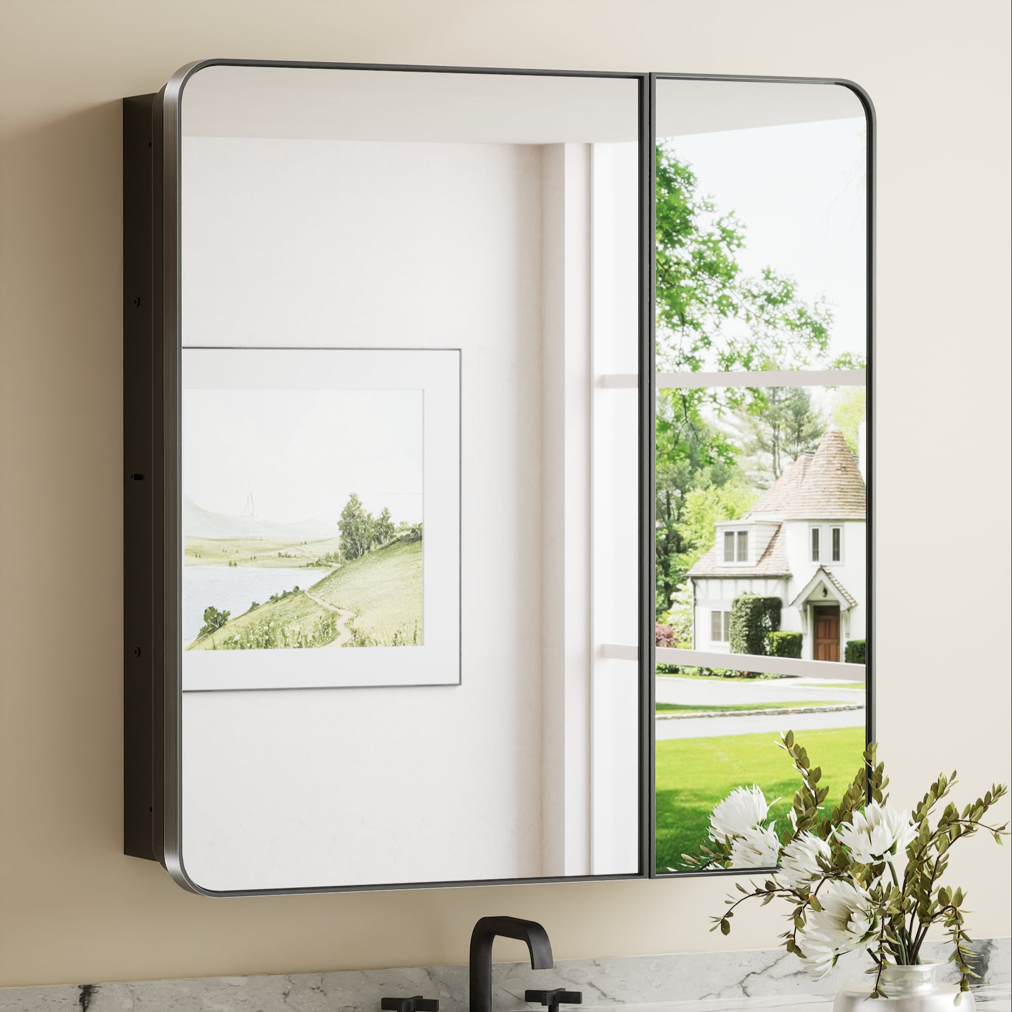 Keonjinn LW-JSKJG-YJ-S7681BK 30-in x 32-in Surface/Recessed Mount Black Mirrored Rectangle Soft Close Medicine Cabinet