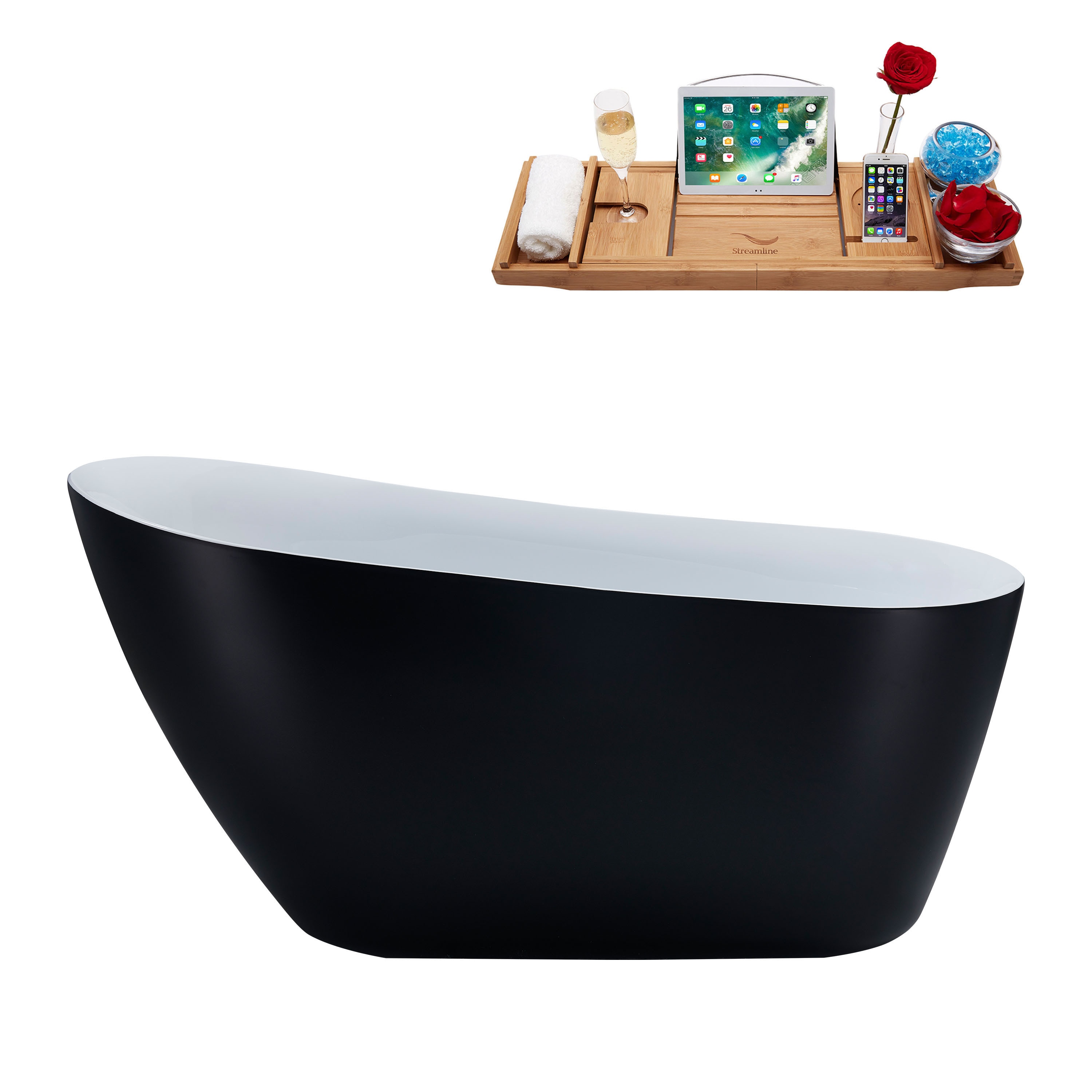 Streamline N294BL 29.1-in x 59.1-in Matte Black Acrylic Oval Freestanding Soaking Bathtub with Drain ( Reversible Drain )