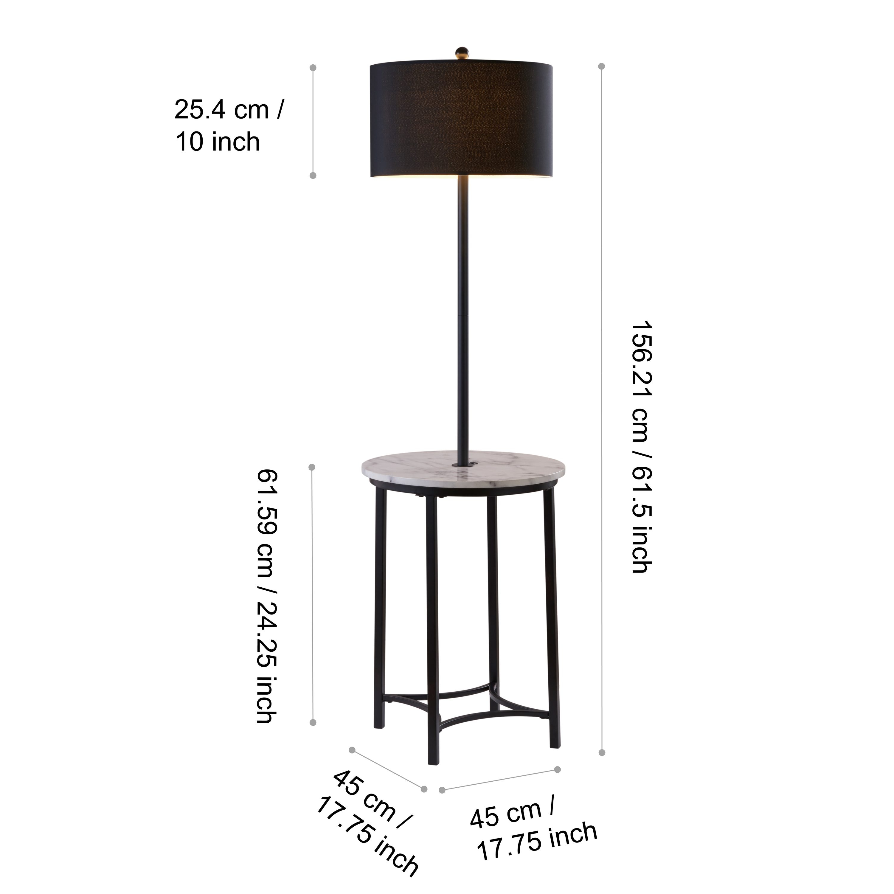 Black Metal Floor Lamp with Faux Marble Table and USB Port