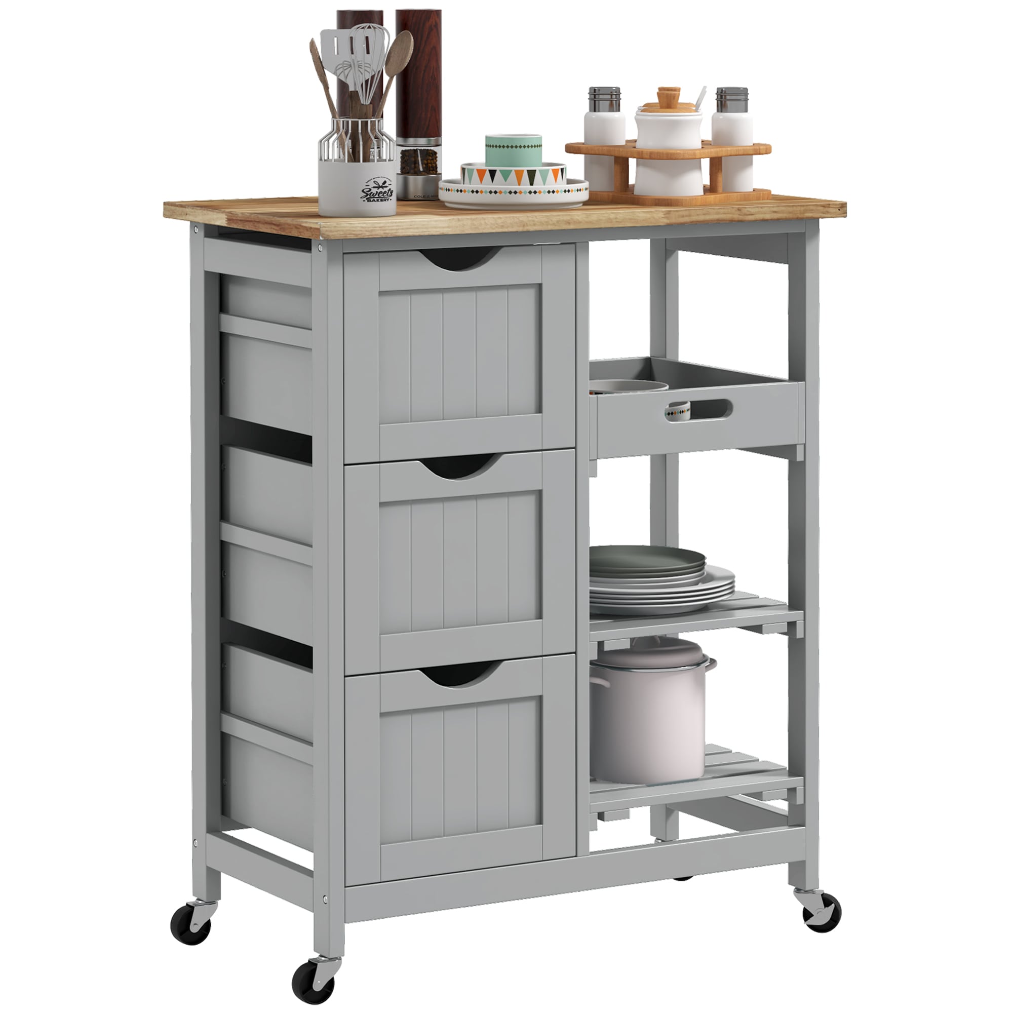 HomCom 801-213V81GY Rolling Kitchen Island Cart  Bar Serving Cart  Compact Trolley on Wheels with Wood Top  Shelves and Drawers for Home Dining Area  Gray