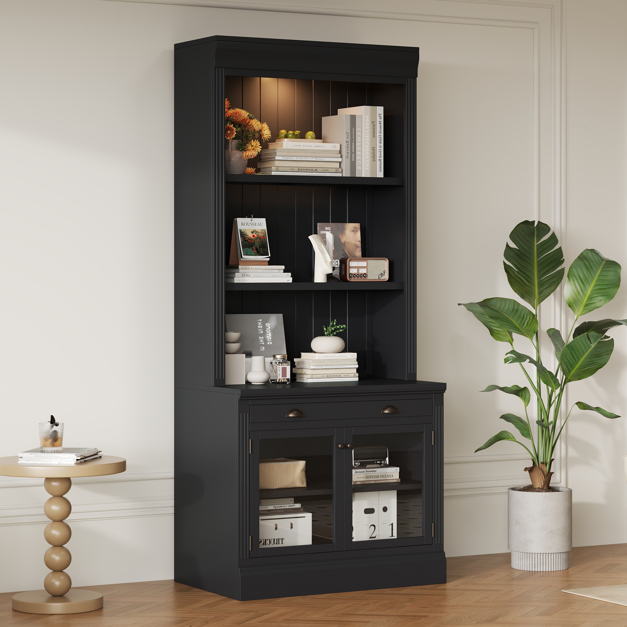LOVMOR SF-Y-N751S280595B 83.4inTall Bookshelf with LED Lighting Modern Bookcase with 2 Glass Doors and 1 DrawerStorage Bookcase with Open Shelves for Living RoomHome OfficeBlack