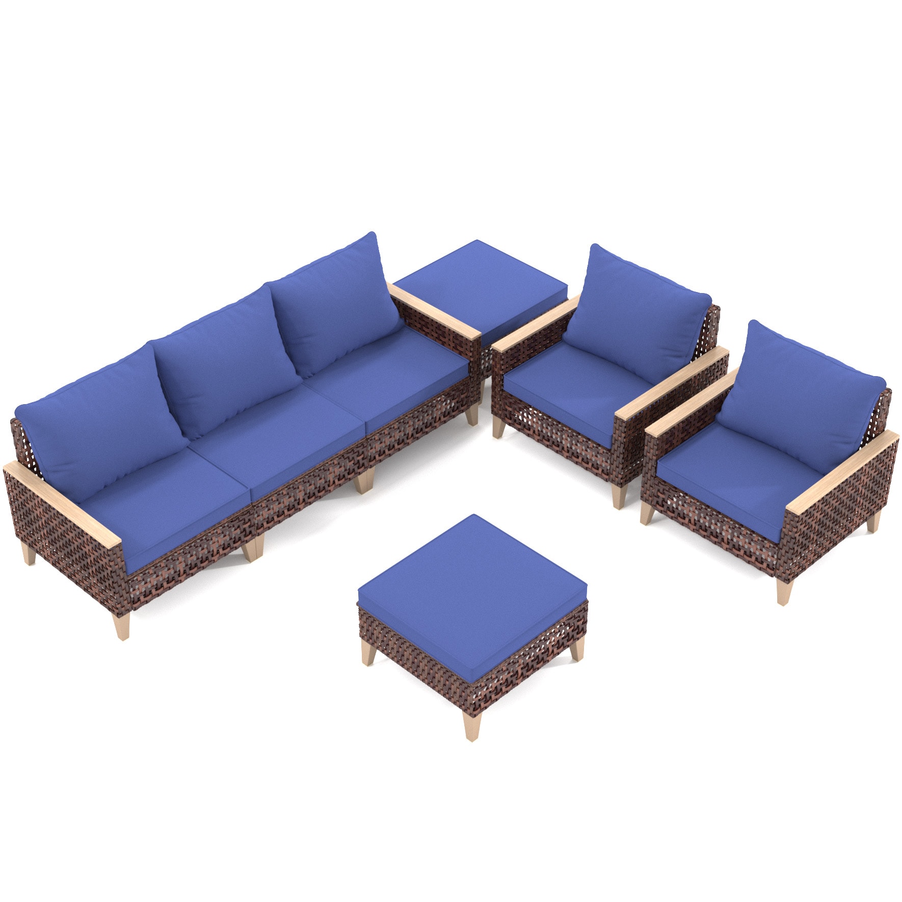 CESICIA R29-5P-BR 7 -Piece Wicker Patio Sofa Conversation Set with Blue Cushions