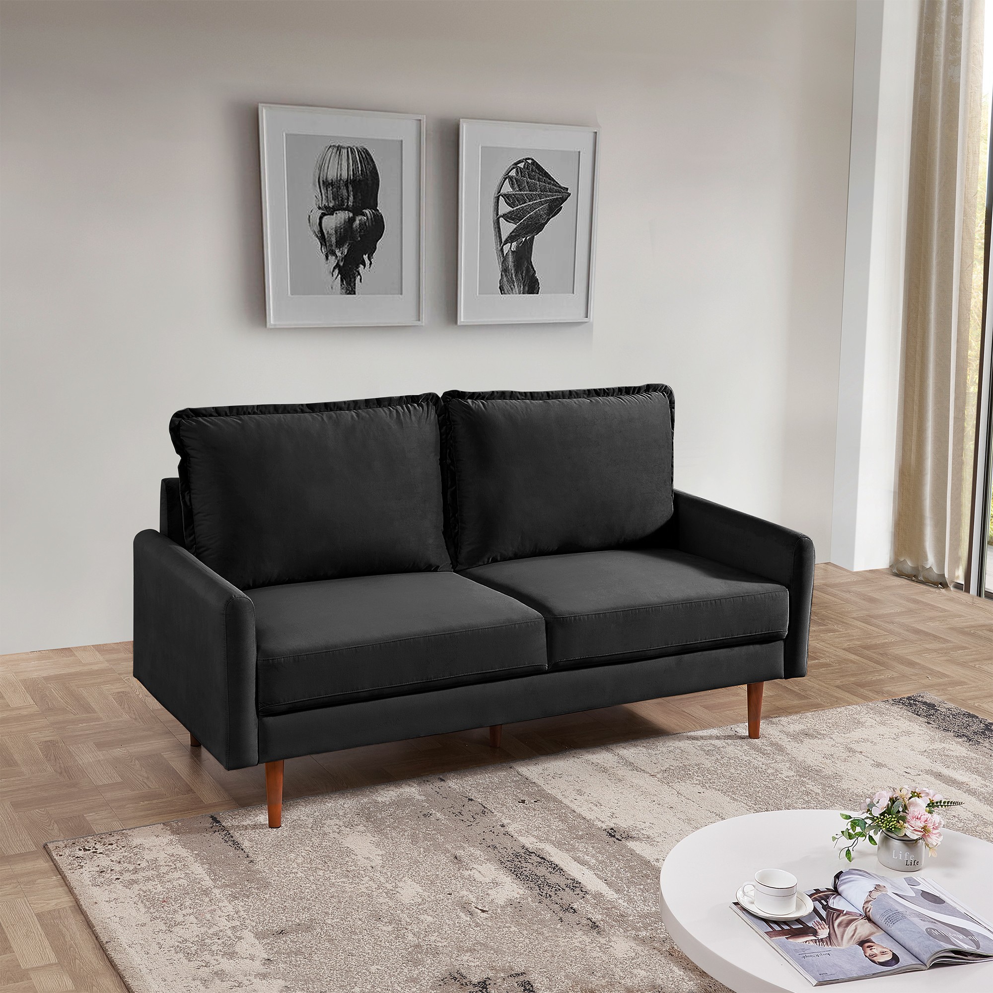 A Furniture Classics SS2860V-BK3S 69-in Coastal Black Velvet Sofa