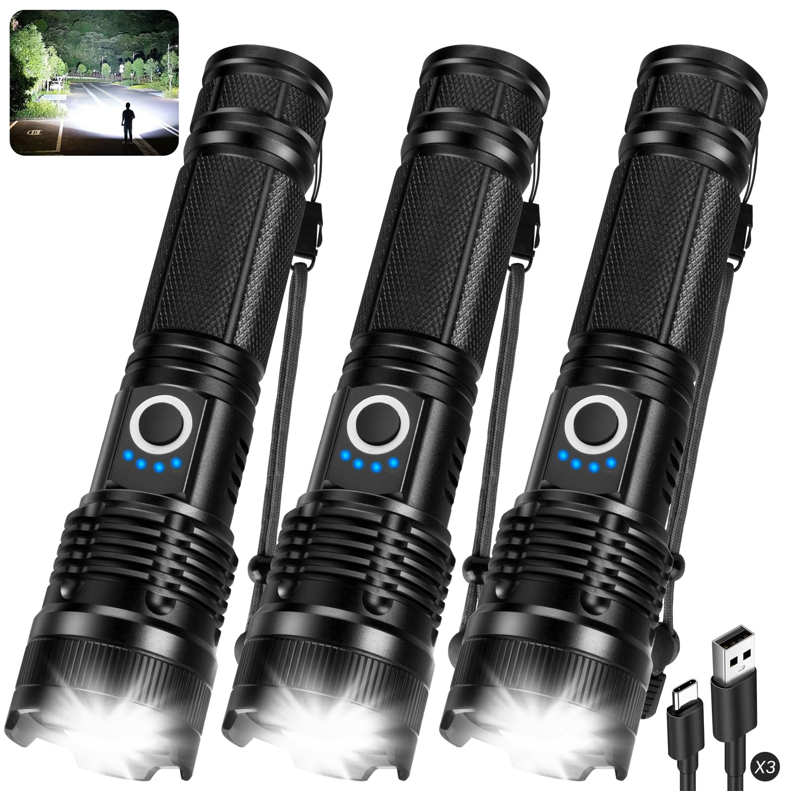 Vrbgify  3 Pack Rechargeable Flashlights 990000 Lumens LED Adjustable Beam 5 Modes USB C Fast Charging Waterproof Handheld for Home Camping