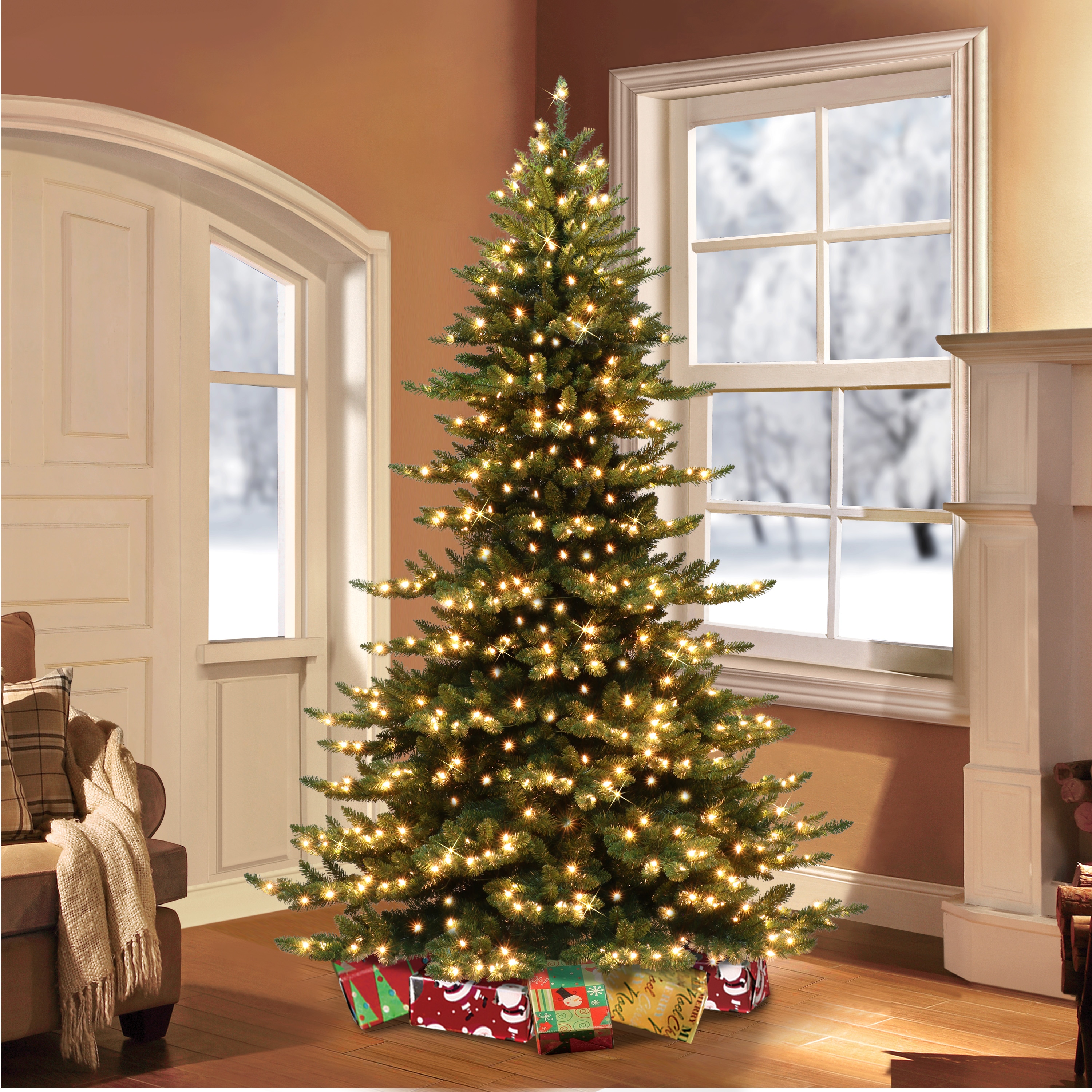 Puleo International 7.5-ft Spruce Pre-lit Artificial Christmas Tree ...