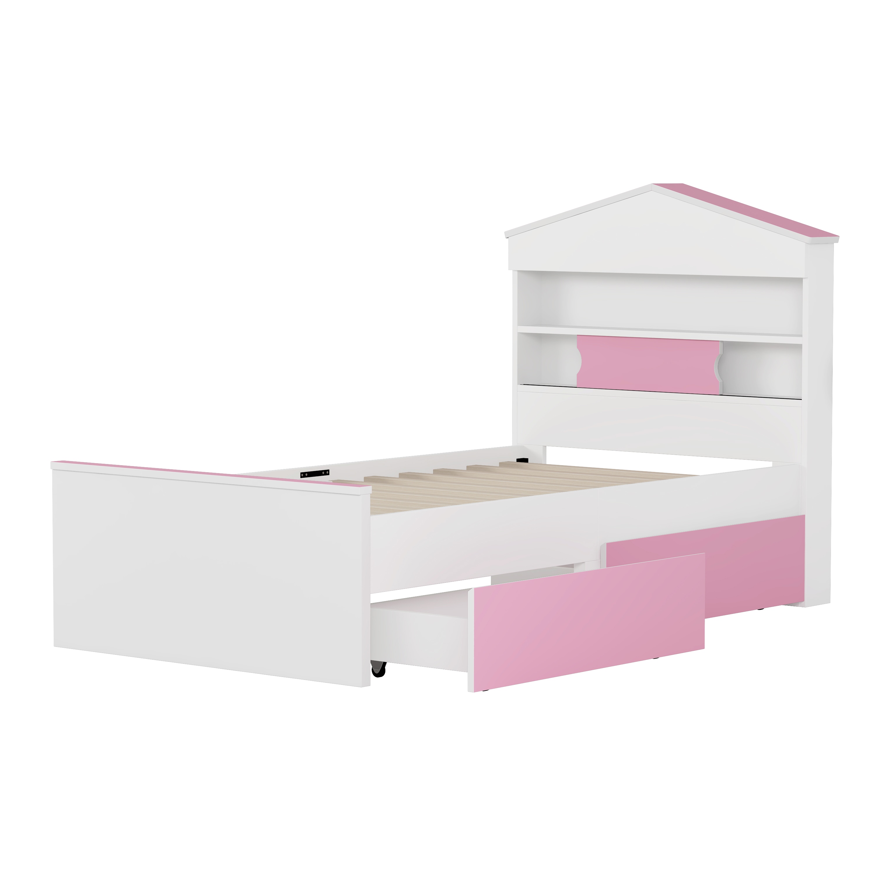 Damerin BD-A20 Pink White Twin Wood Bed frame Bed with Storage