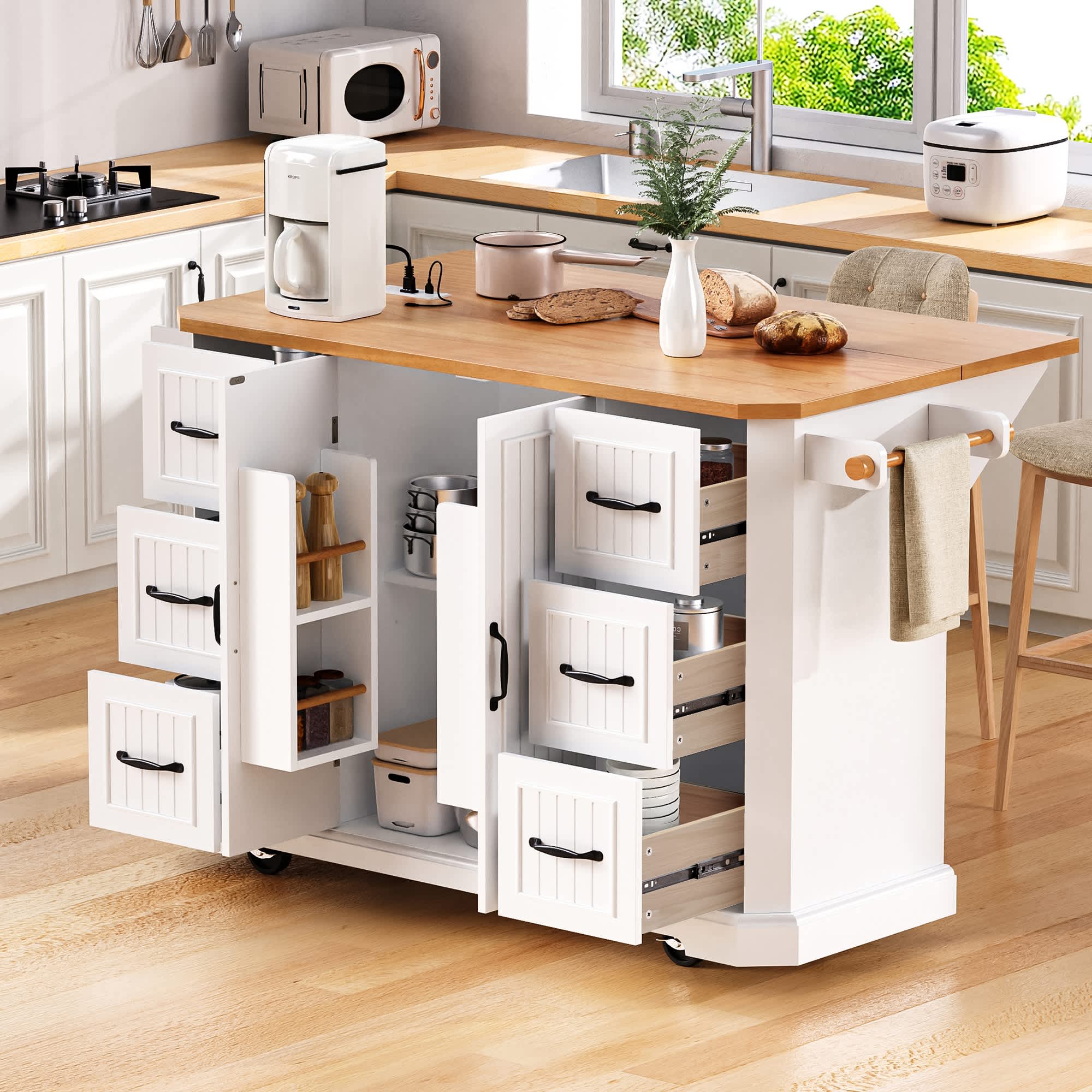 Misty Moon 56 Inch Kitchen Island with Rubber Wood Veneer Drop Leaf Power Outlet 4 Door Shelves Embossed Vertical Stripe Rolling Kitchen Cart on 4 Wheels with 6 Deep Drawers for Kitchen Dining Room White