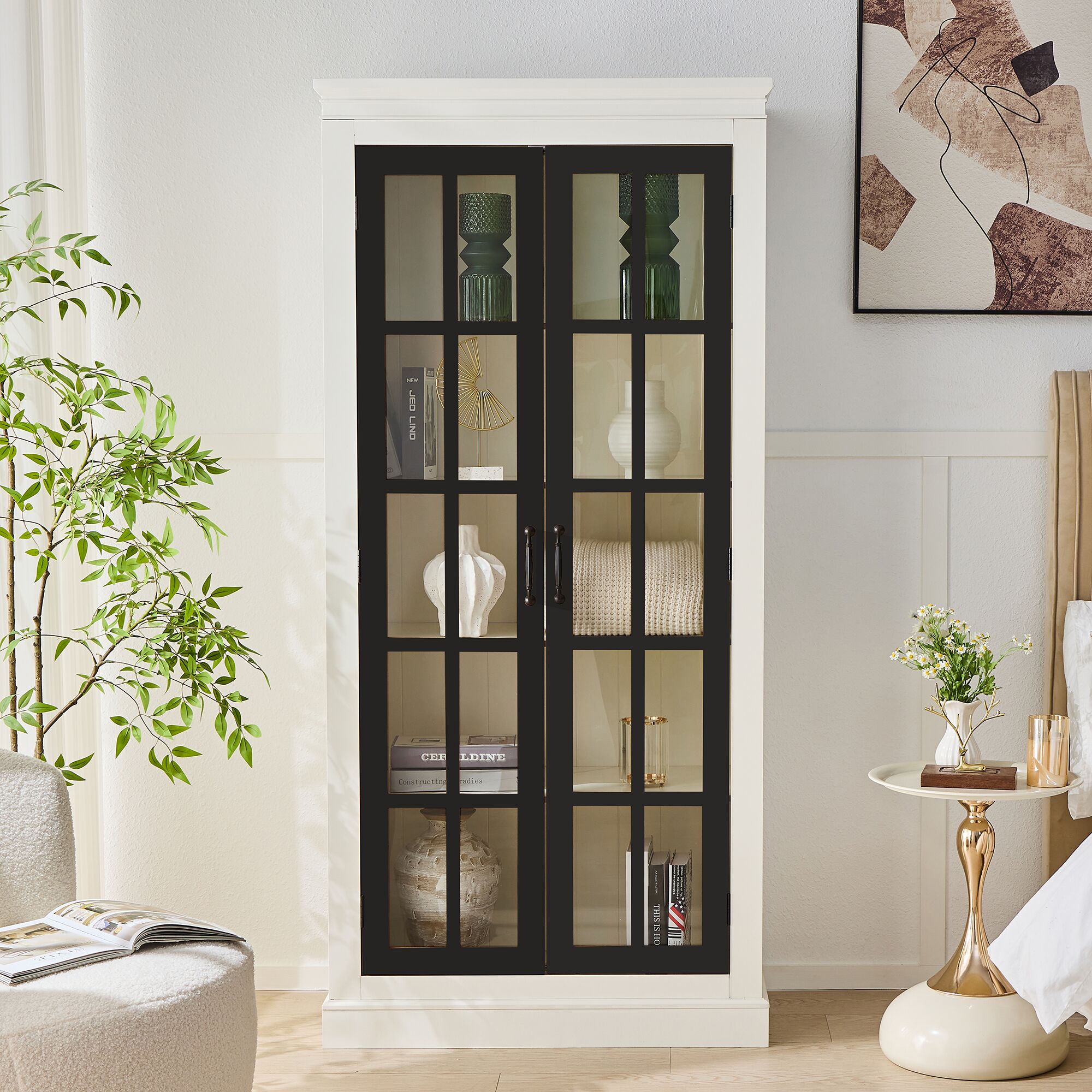 LOVMOR SF-R-N845P272501B 71.2'' Freestanding Pantry Cabinet with Glass Door Farmhouse Display Cabinets with Storage Curio Cabinet with Lattice Window for Hallways Livingroom Kitchen Office White Balck