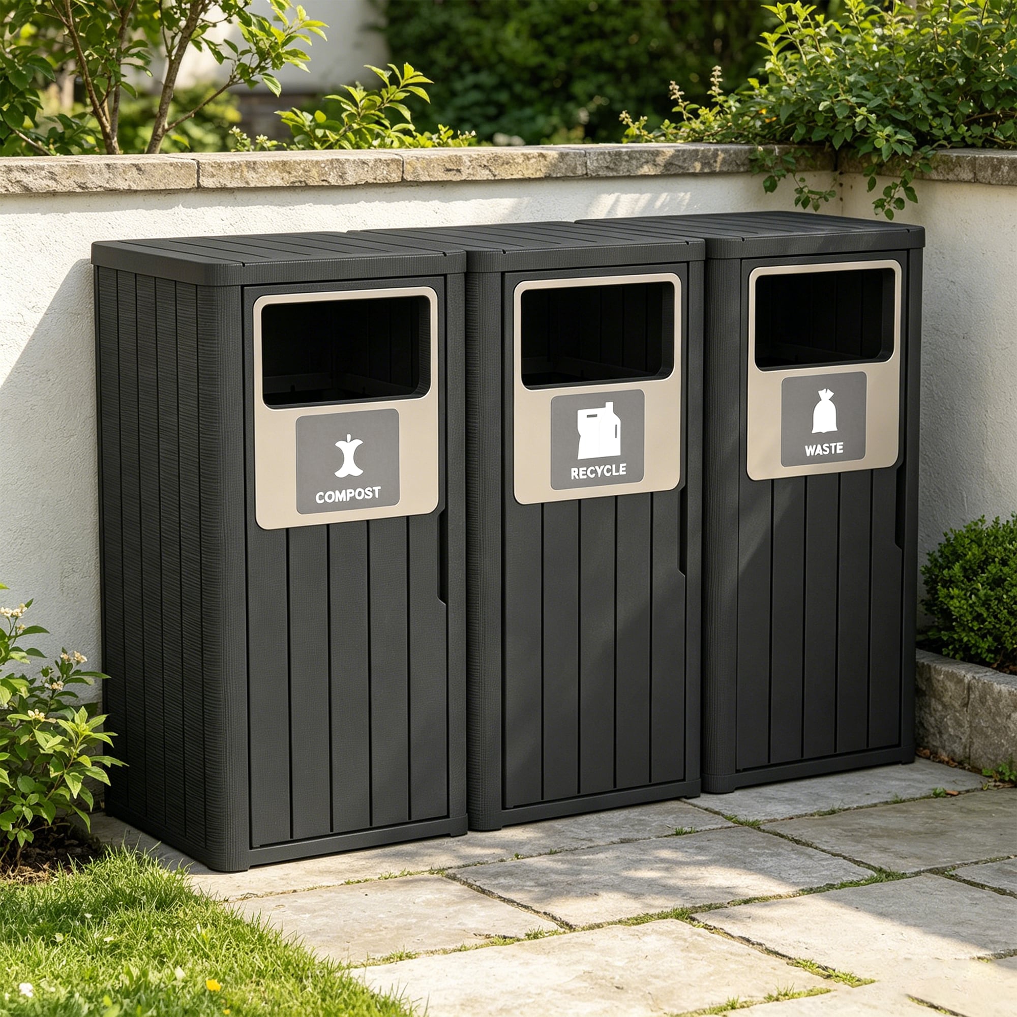 MooxvMoo - Outdoor Three Barrel Trash Can with Front Throw Opening Waterproof Resin Garbage Bin