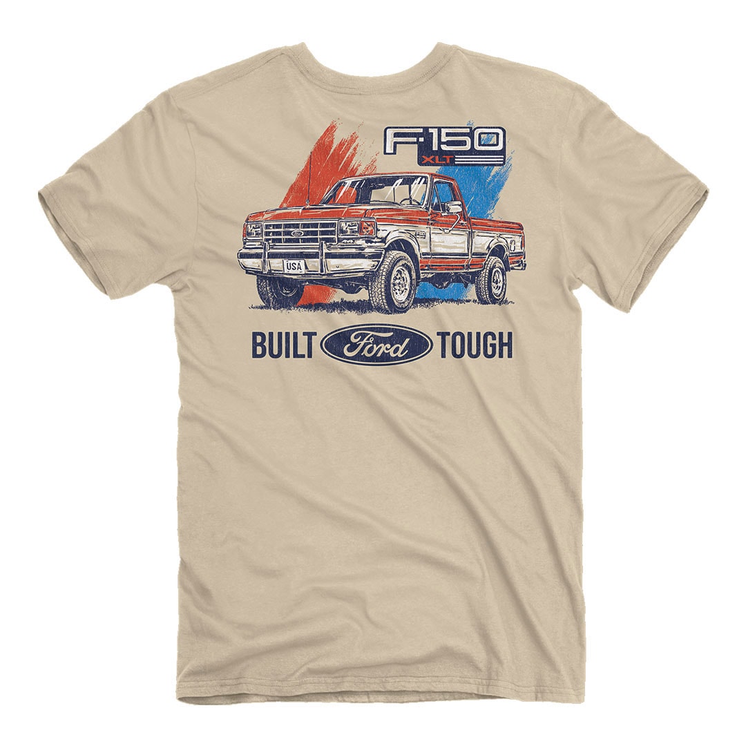 JEDCo This Ford - Built Tough T-Shirt is a classic and durable fit. It features high-quality art on the back, and the iconic Ford logo on the front left chest.