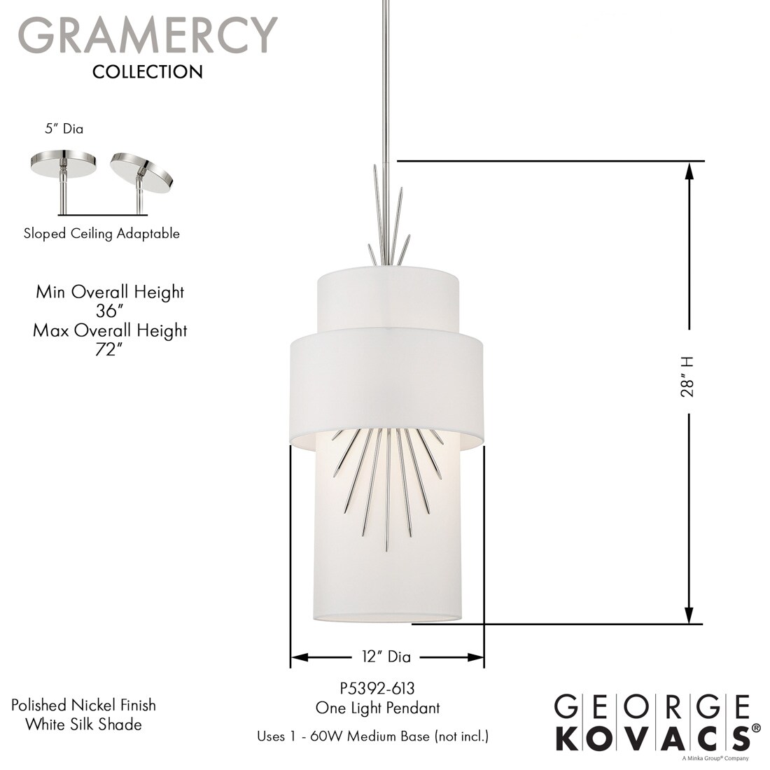 Polished Nickel Mini Pendant with White Silk Shade