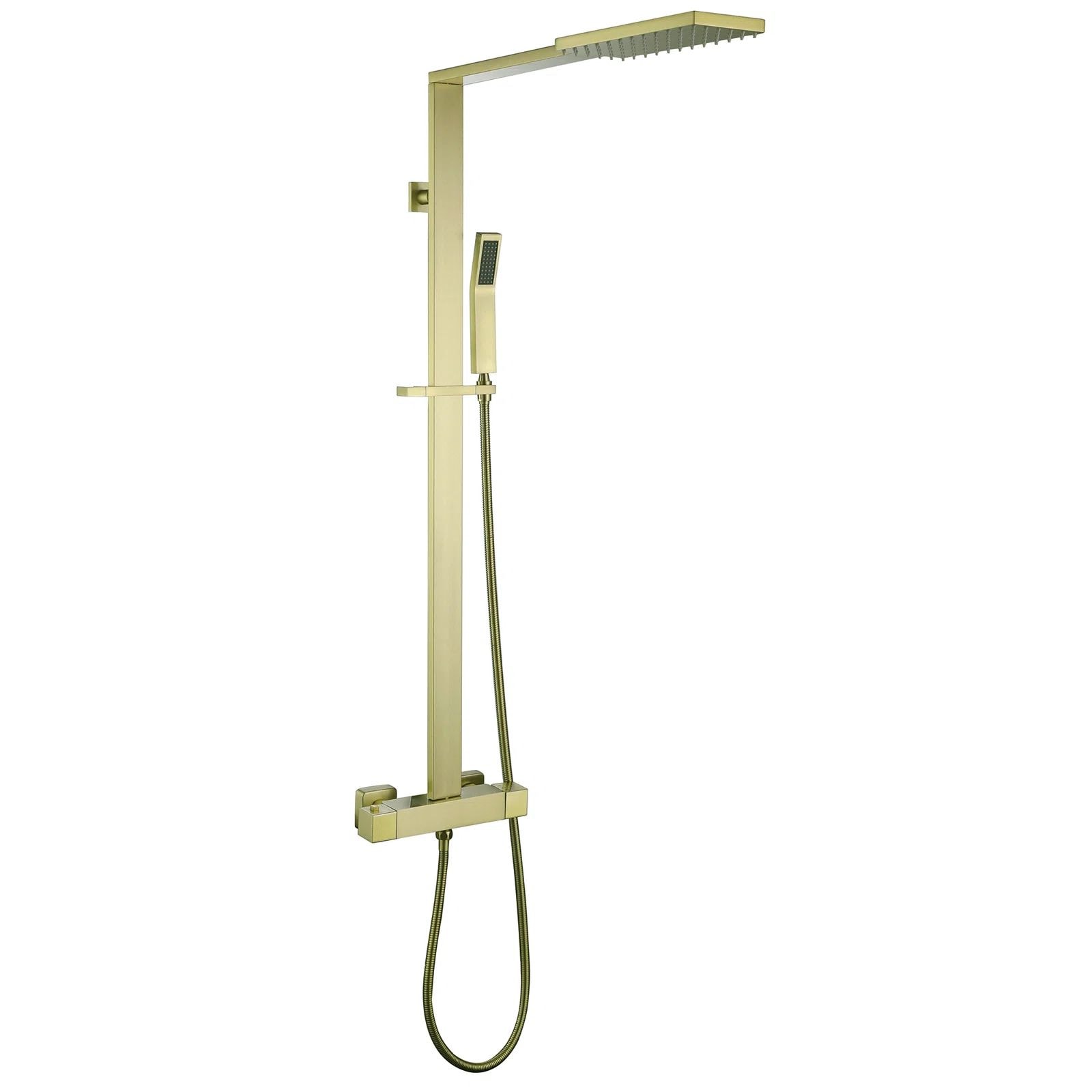 WELLFOR WB-1038 WB Exposed Rainfall Brushed Gold 9.84-Inches Dual Head Shower Faucet Bar System with 2-way Diverter ( Thermostatic Valve Included )