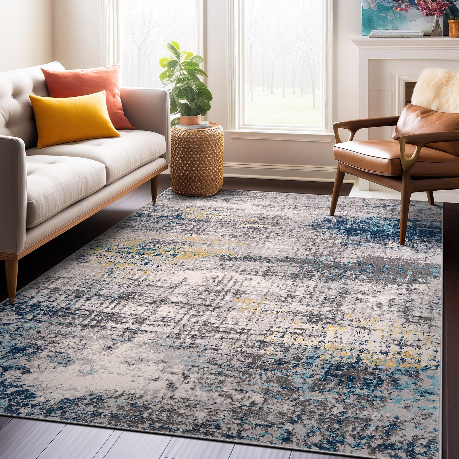 World Rug Gallery 4051BLUE5X7 5 x 7 (ft) Loomed Polypropylene Blue Rectangular Indoor Abstract Vintage Area rug