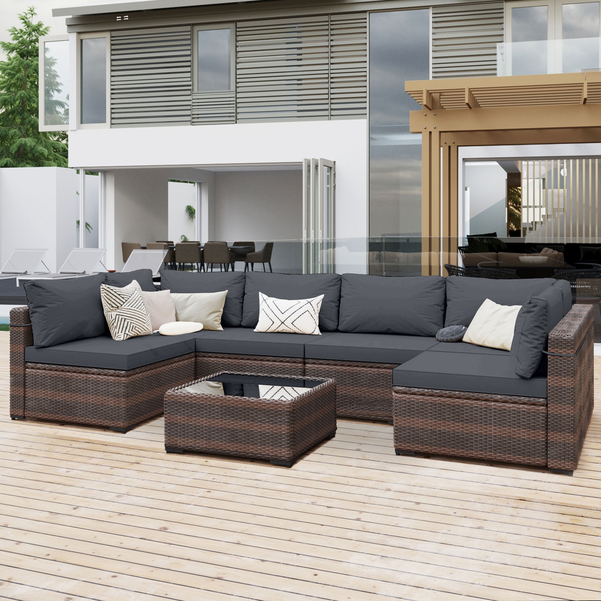 UPHA TBBE-AB2C-DGRAY 7 -Piece Rattan Patio Sofa Conversation Set with Gray Cushions