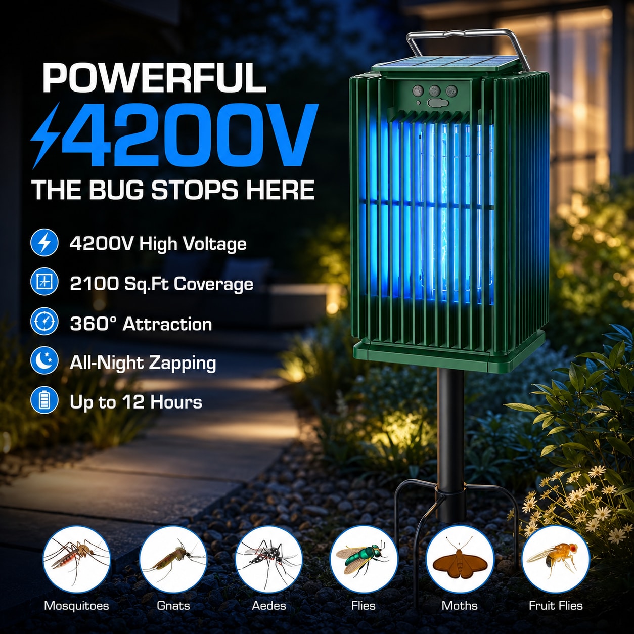 HBUDS Solar Bug Zapper Outdoor 5000mAh Ultra-Extended Runtime Electric Mosquito Zapper 4200V Cordless Fly Trap with 7mm Family-Safe Shield for Patio Backyard and Home Defense
