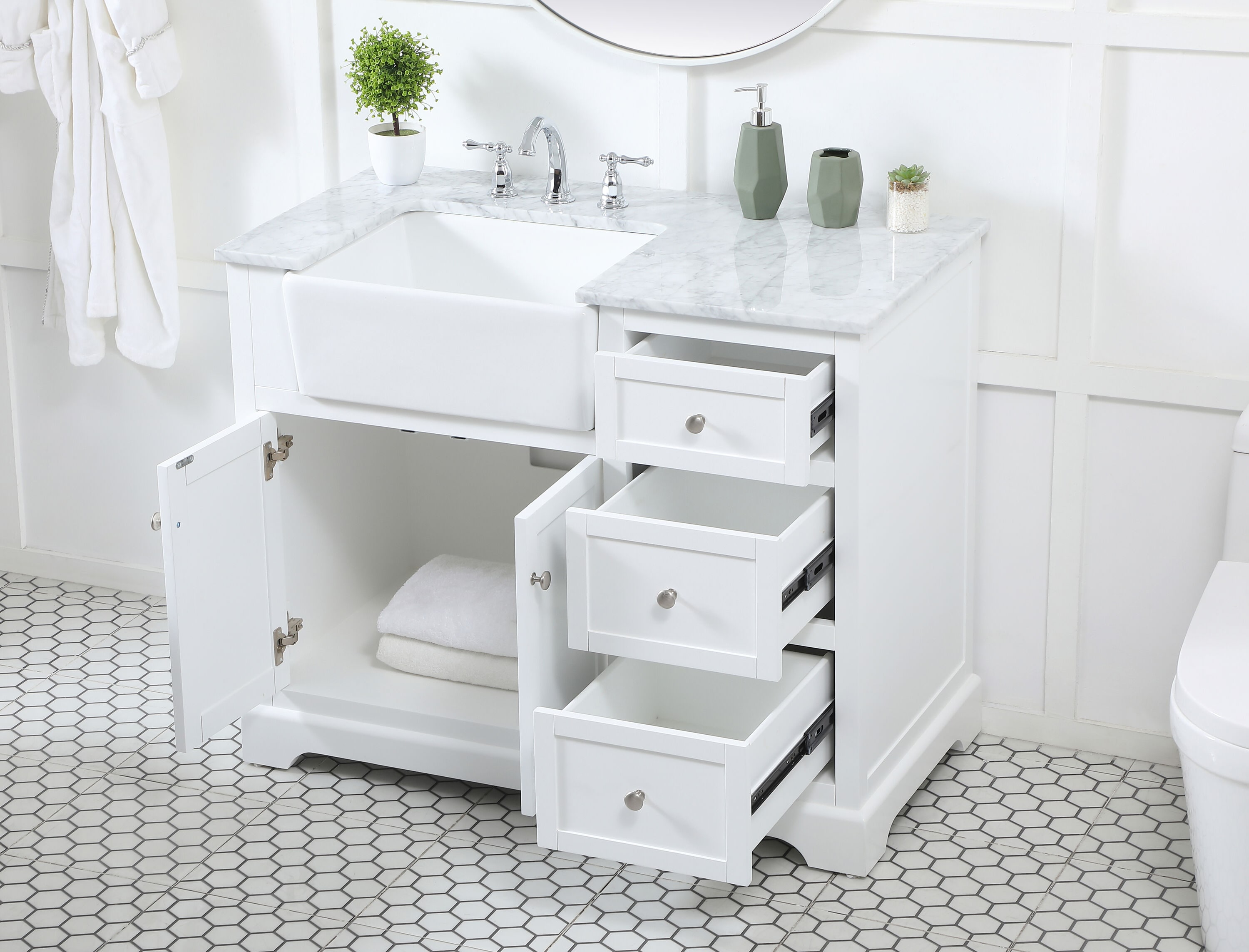 White Solid Wood and MDF Single Bathroom Vanity with Carrara Marble Top