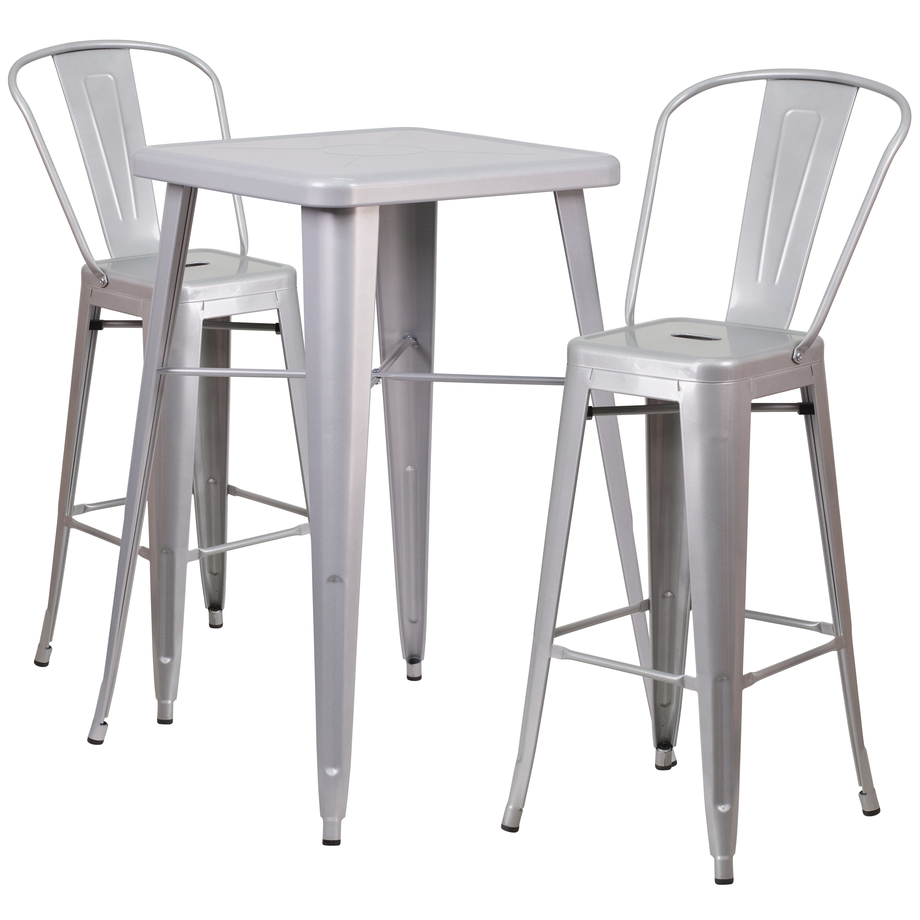 Flash Furniture 889142025566 Gable Commercial Grade 23.75-in Square Silver Metal Indoor-Outdoor Bar Table Set with 2 Stools with Backs