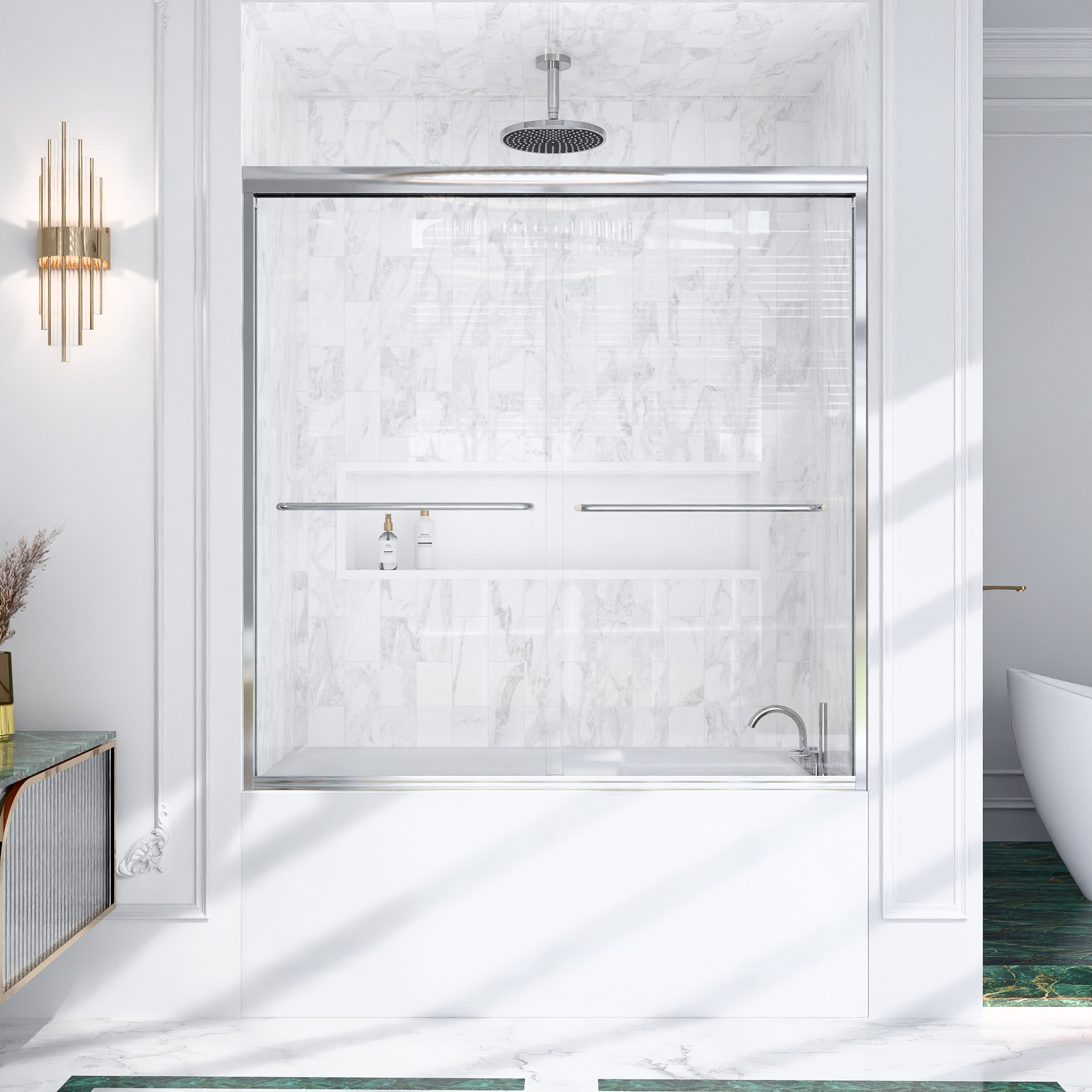 HyperDrop Cart 56-in to 60-in W x 60-in H Chrome Semi-Frameless SGCC Clear Tempered Glass Double Sliding Bathtub Door