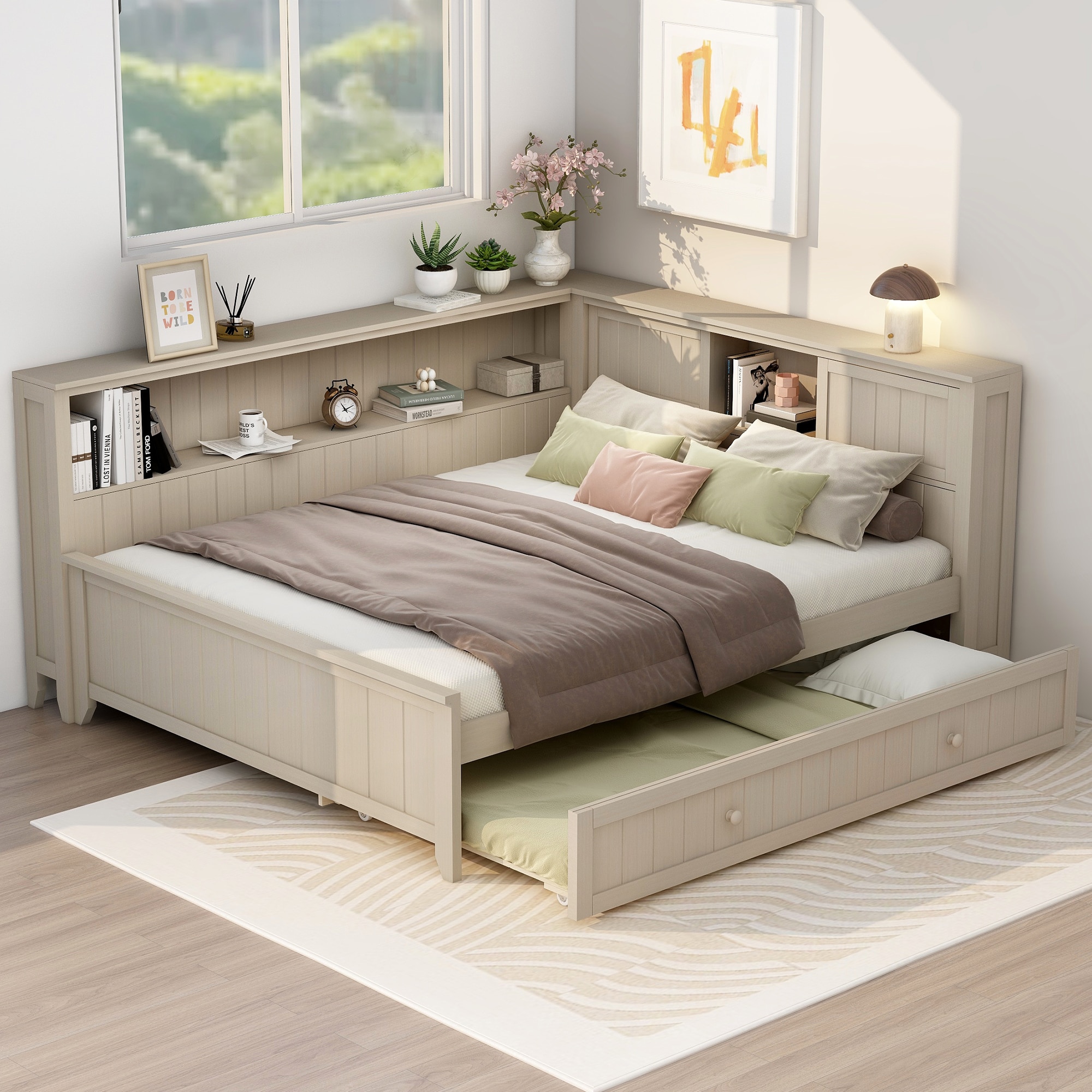 GDFStudio Rowan Wood Daybed with Storage Shelves and Trundle-Full size-Ancient White