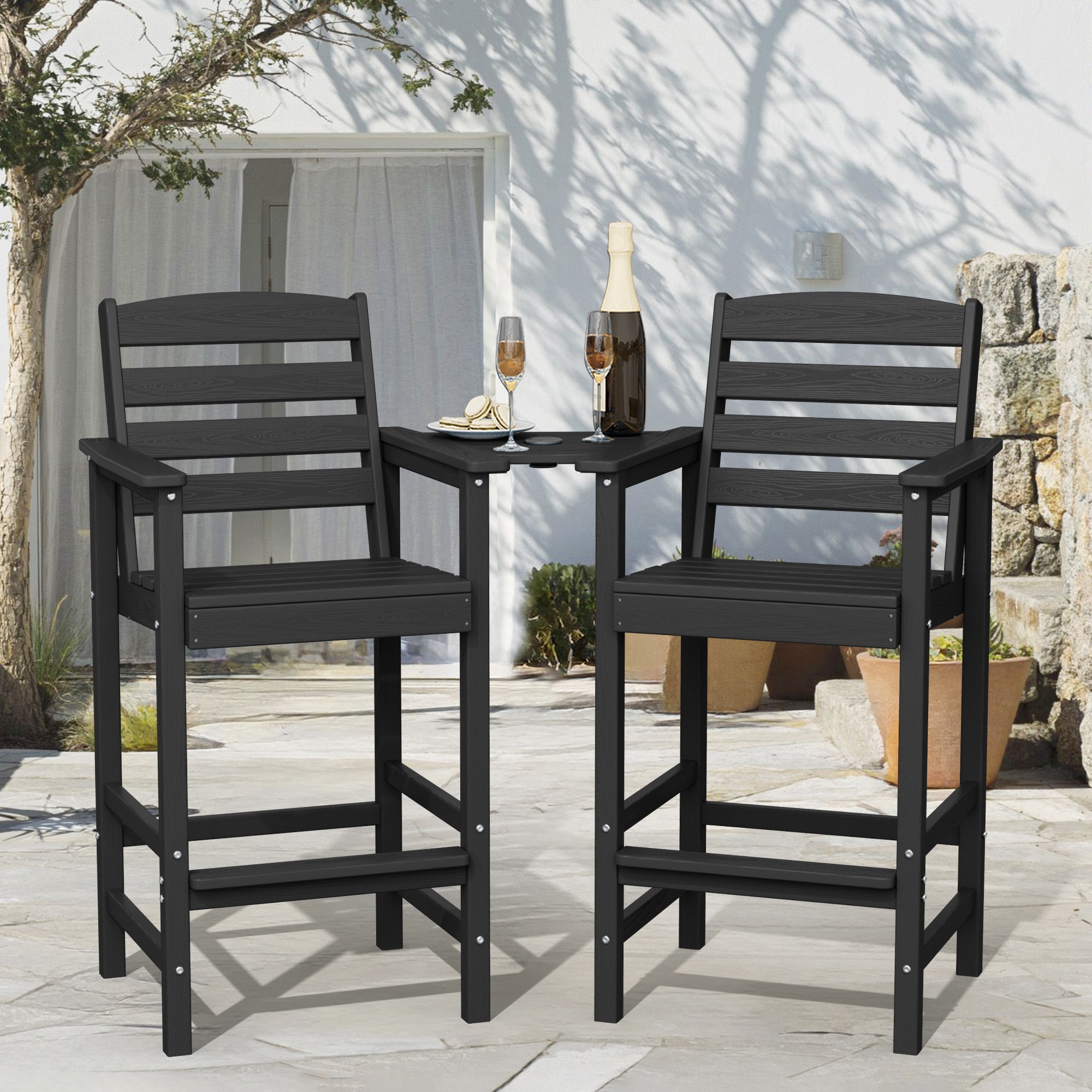 JEAREY GYCY-OG Tall Bar Chairs Set for Two with Detachable Connecting Tray Set of 2 Black HDPE Frame Stationary Adirondack Chair with Slat Seat