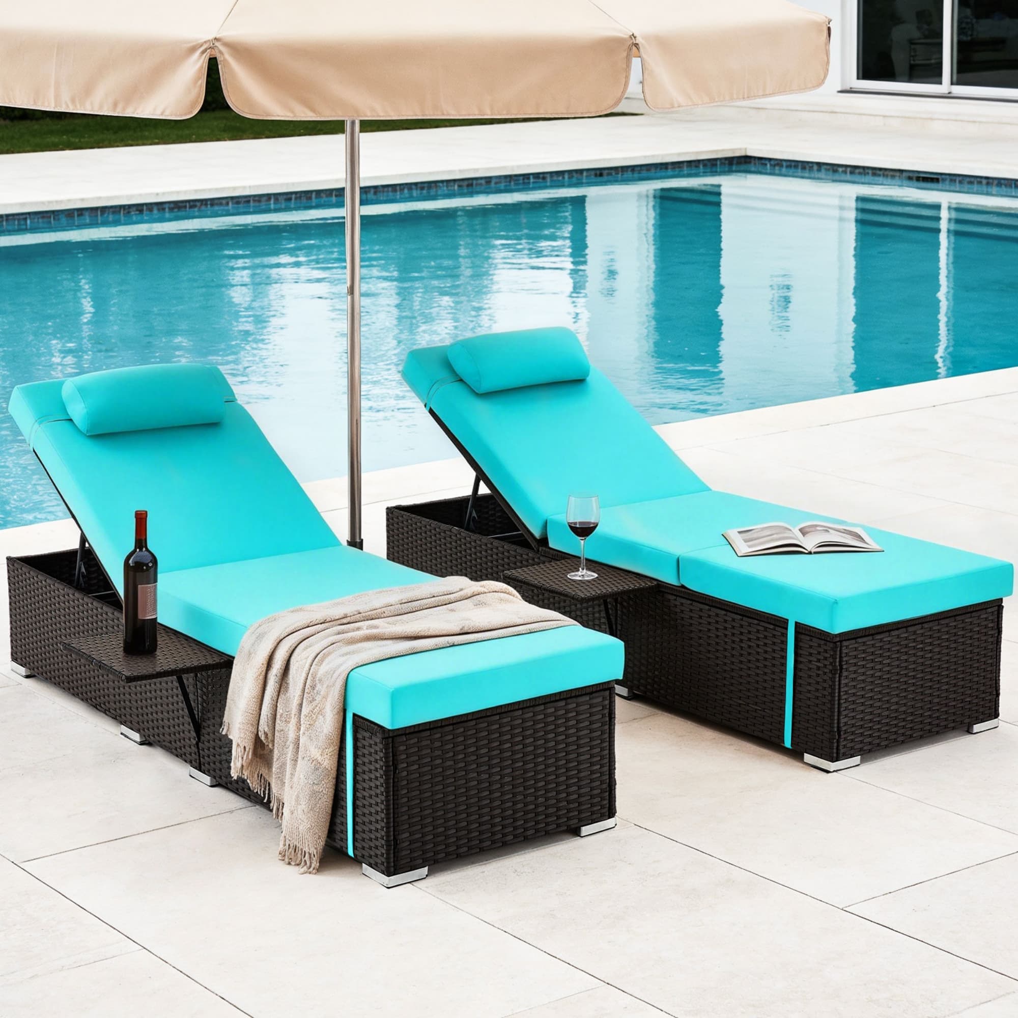 Ama Pear Outdoor Chaise Lounge Set of 2 Blue with Cushion and Tray