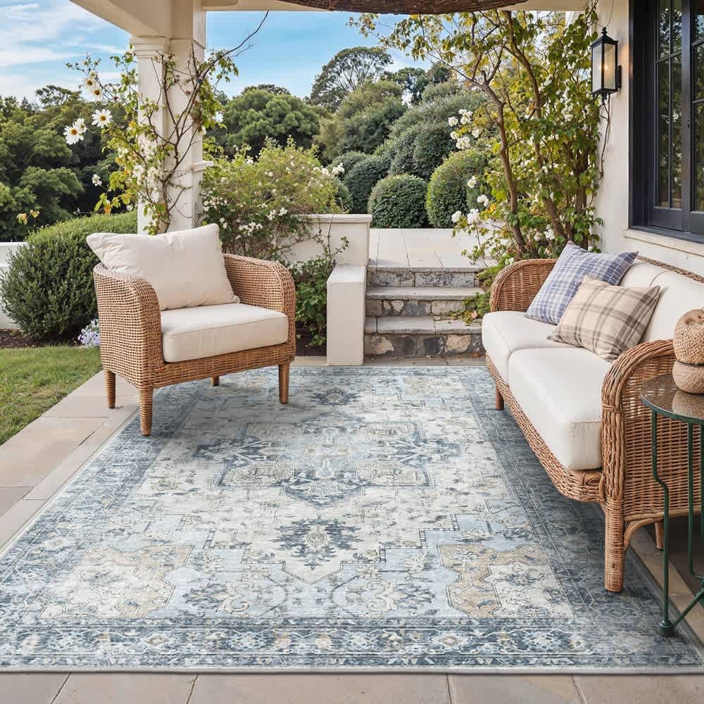 Aoibox -  5 ft x 8 ft Blue Indoor Outdoor Area Rug Chenille Quick Dry Non Slip Low Pile Boho Flor...