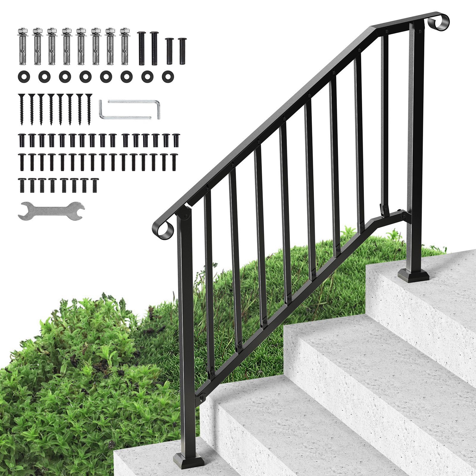 Angel Sar 42in L 3-4 Step Black Retro Arch Iron Handrail Kit Stair Rails for Seniors
