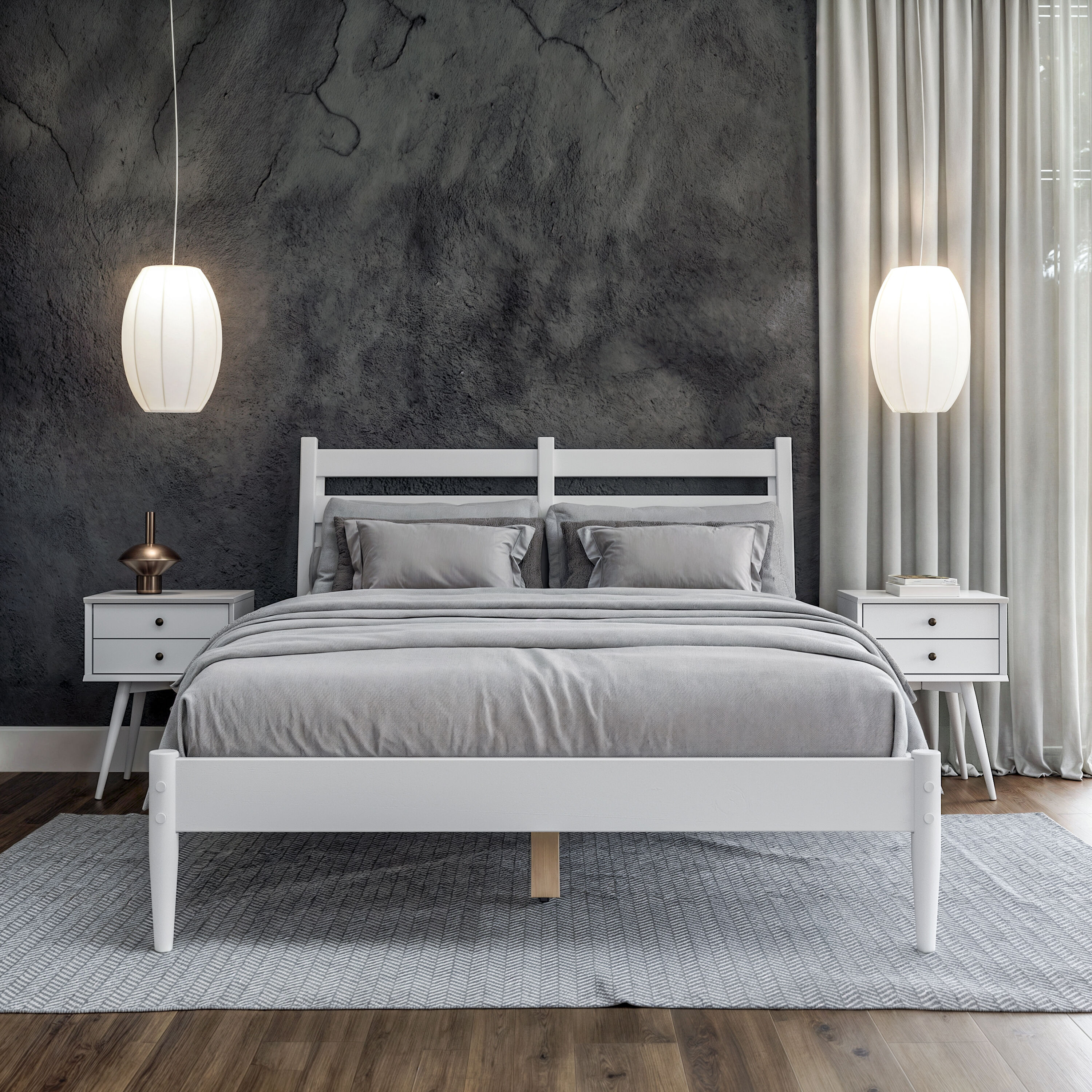Elegant Pine Wood King-Size Bed with Slatted Headboard - White Finish
