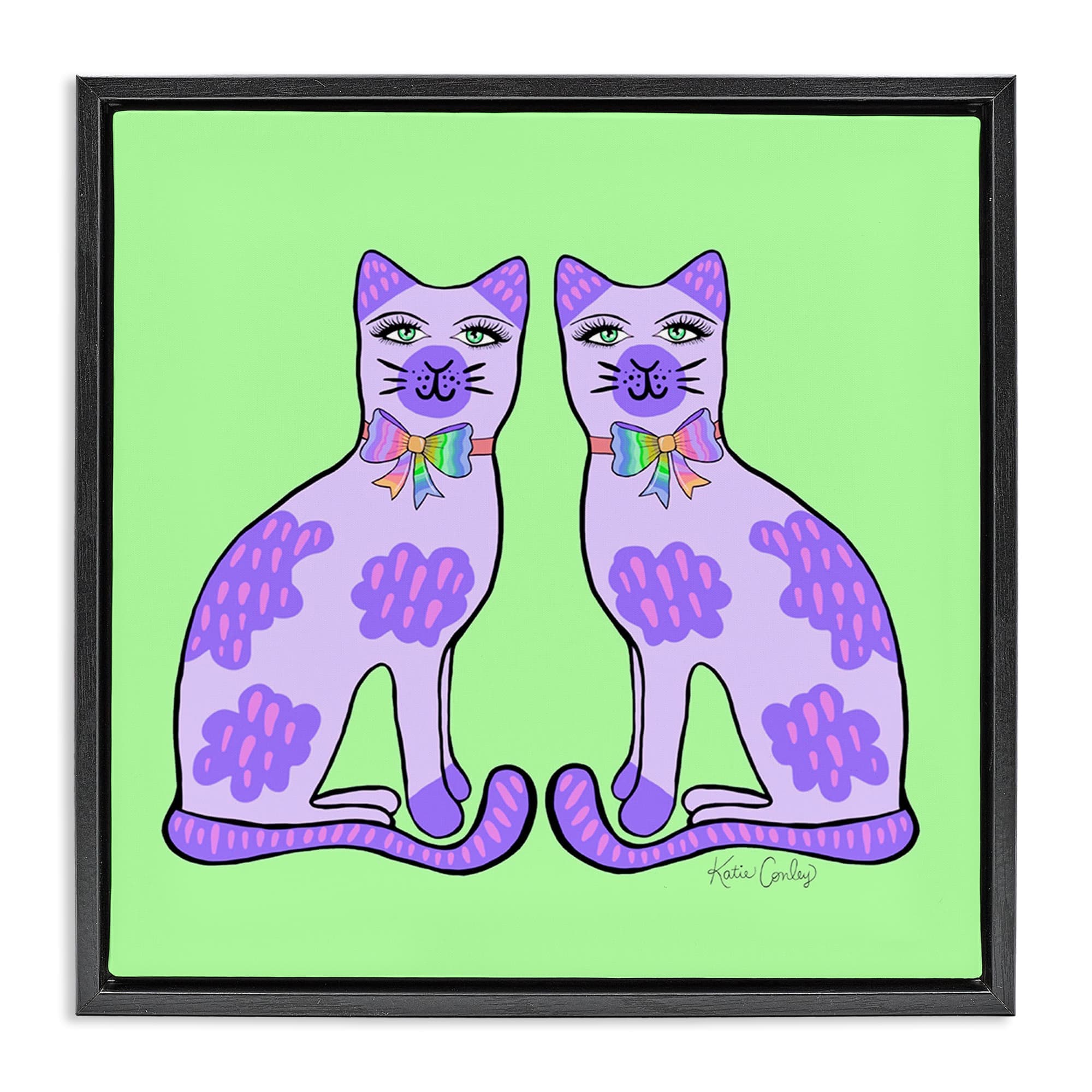 Stupell Industries BS-754-FFB-17X17 Purple Cats on Green Black Framed Floater Canvas Wall Art By Katie Conley 18 x 18