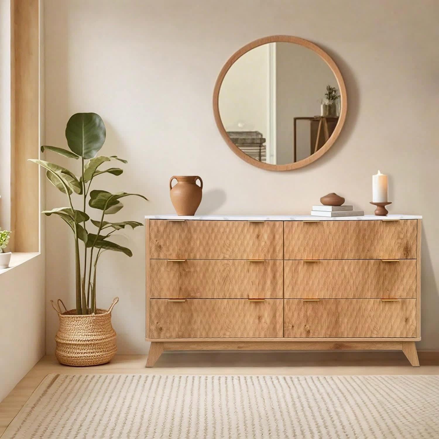 Garvee DQJ-PHO-33TJCAQV Modern Wood Dresser 6 Drawer Chest with Faux Marble Top Wide Farmhouse Storage for Bedroom Natural - Thumbnail