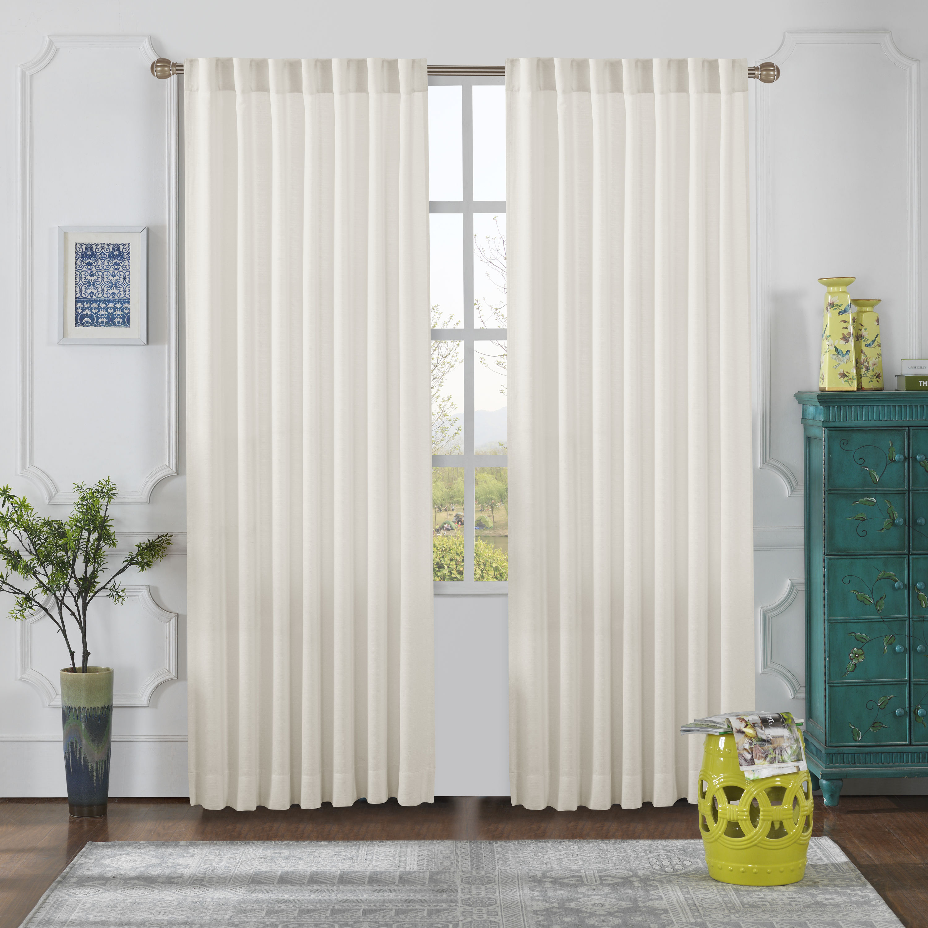  OLIVIA-V1-84-CR 84-Inches Cream Trellis Semi-sheer Grommet Single curtain panel