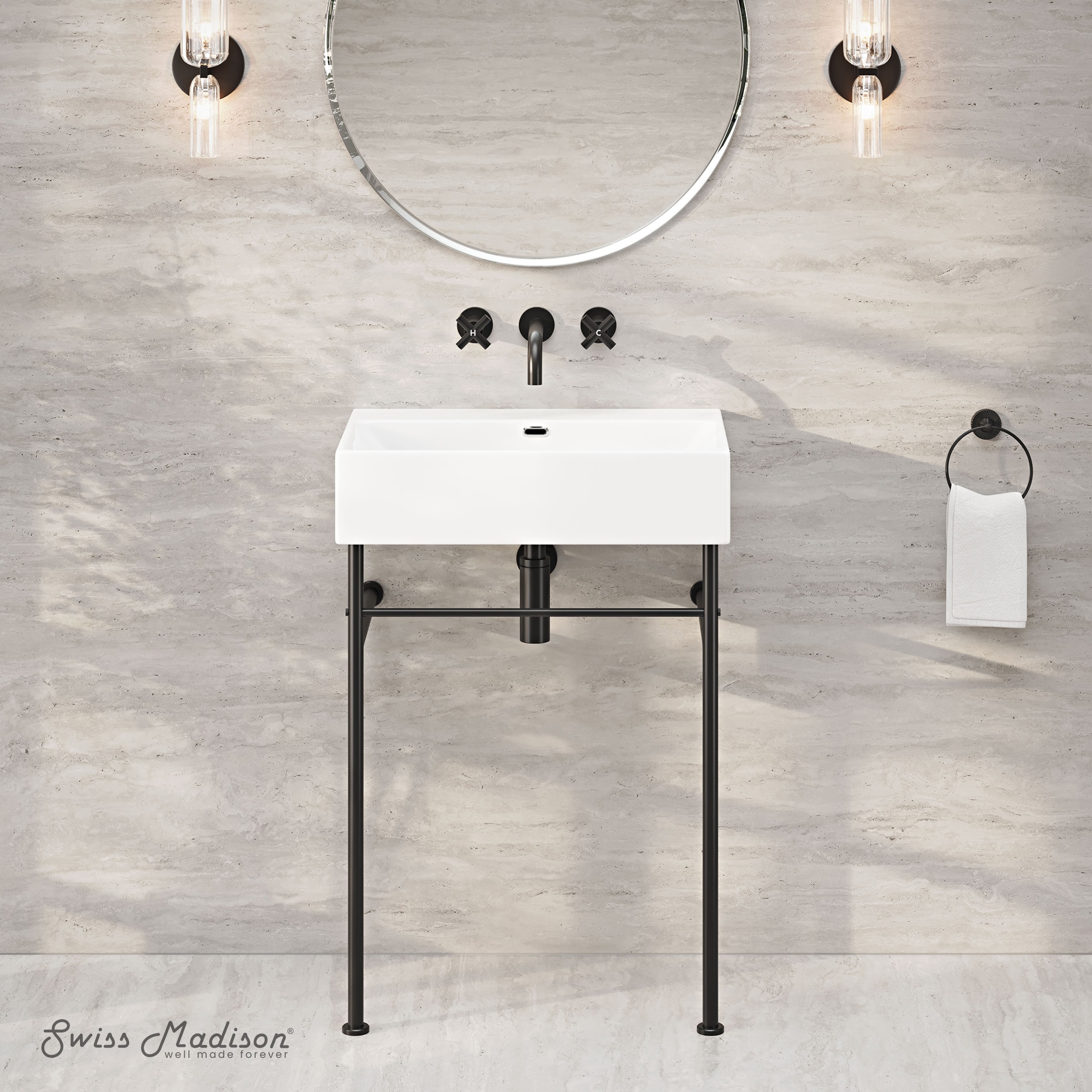 Swiss Madison SM-25-CSREI01MB-0 Reims Ceramic 24-in Wall-mount Modern Matte Black Console Sink with Base