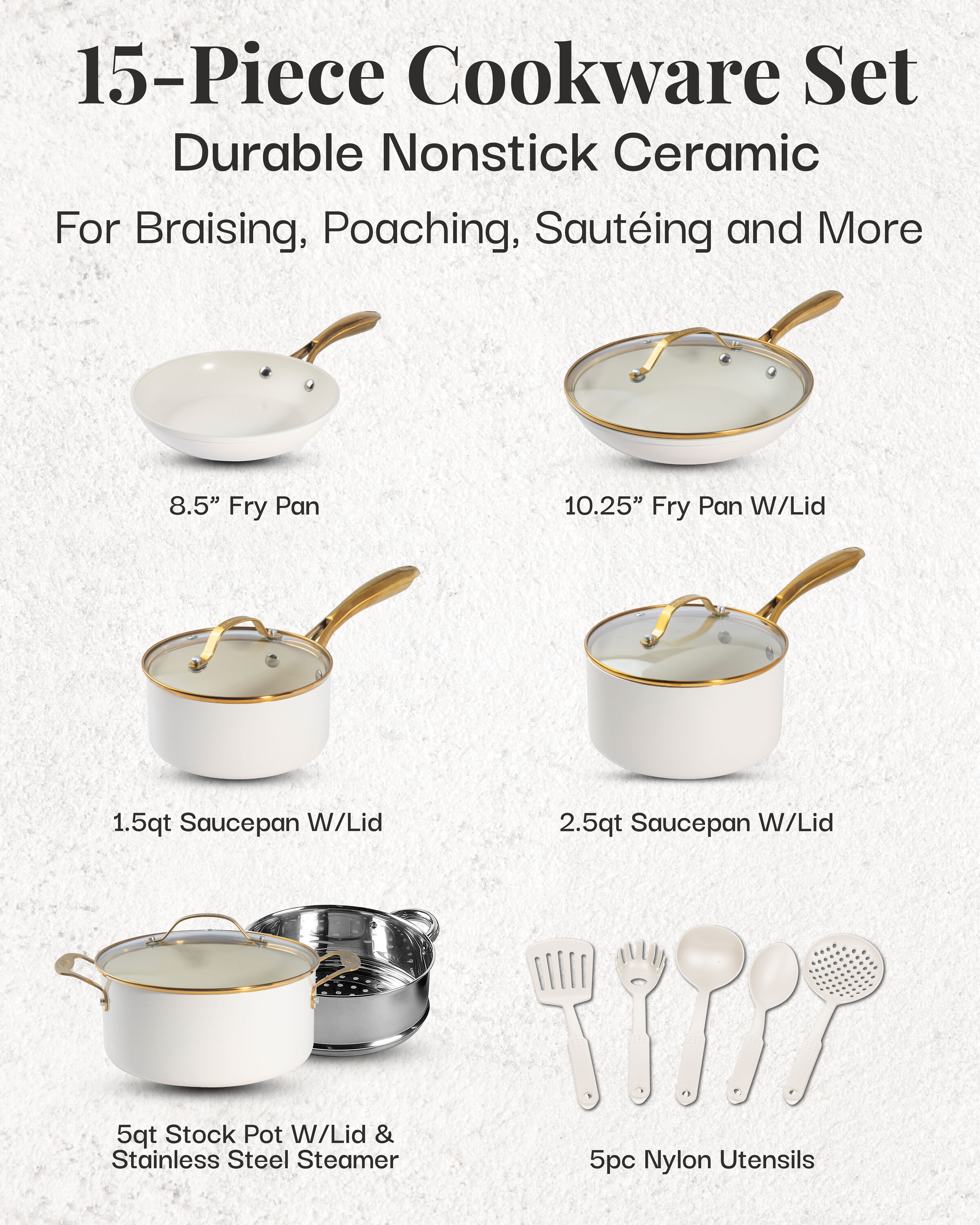 Cream and Gold 15-Piece Nonstick Ceramic Cookware Set