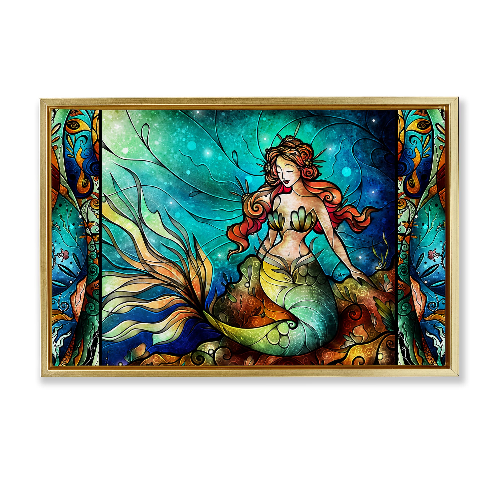Stupell Industries BS-977-FFG-16X24 Elegant Seated Mermaid Gold Framed Floater Canvas Wall Art By Mandie Manzano 25 x 17