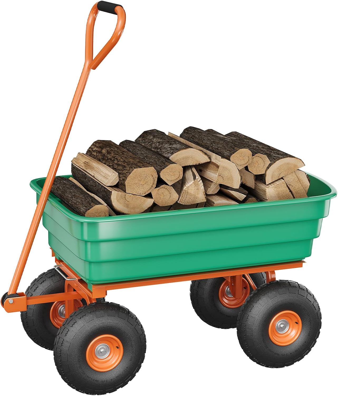 IdealHouse Poly Dump Cart Heavy Duty 1200lbs Capacity 125L Green Frame with Orange Bed Garden Utility Wagon Quick Release Dumping and 13 Inch No Flat Tires for Yard Work