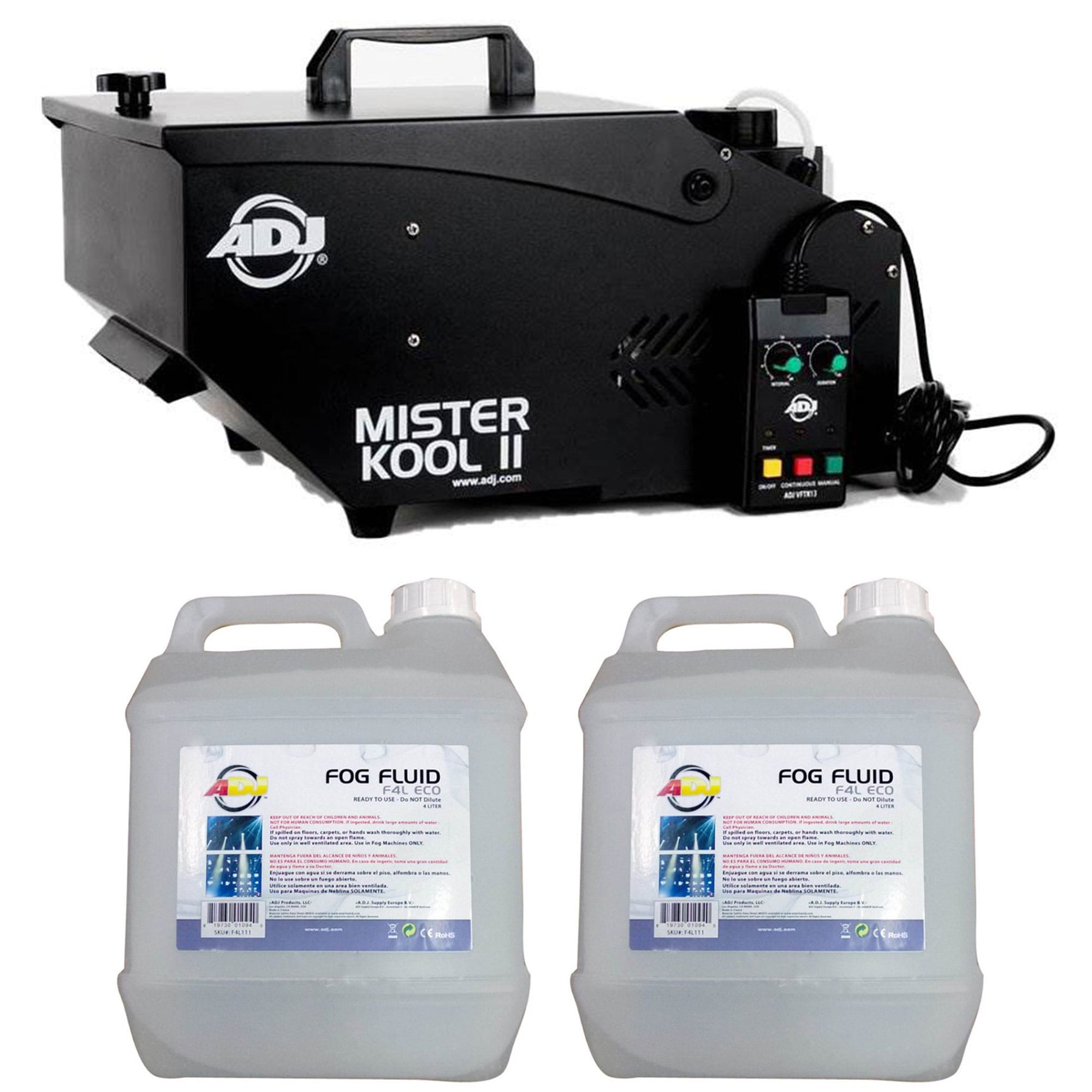 ADJ  Low-Lying Water-Based Fog Machine Black and 4 Liter Fog Liquid Juice 2 Pack