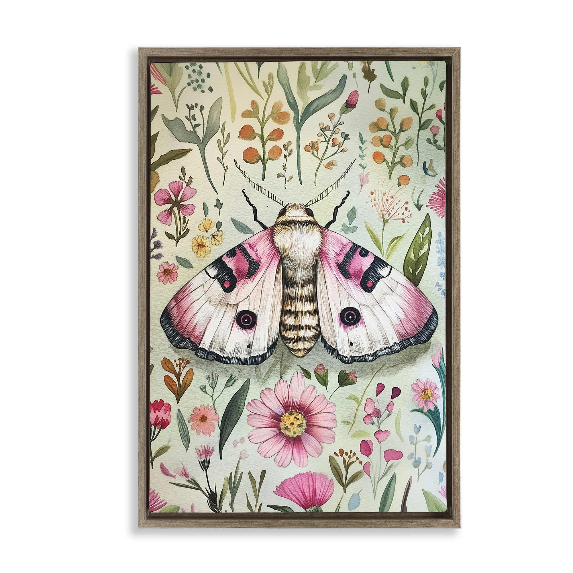 Stupell Industries BT-871-FFE-16X24 Moth over Floral Herbs Brown Framed Floater Canvas Wall Art By The Dutch Lady 17 x 25