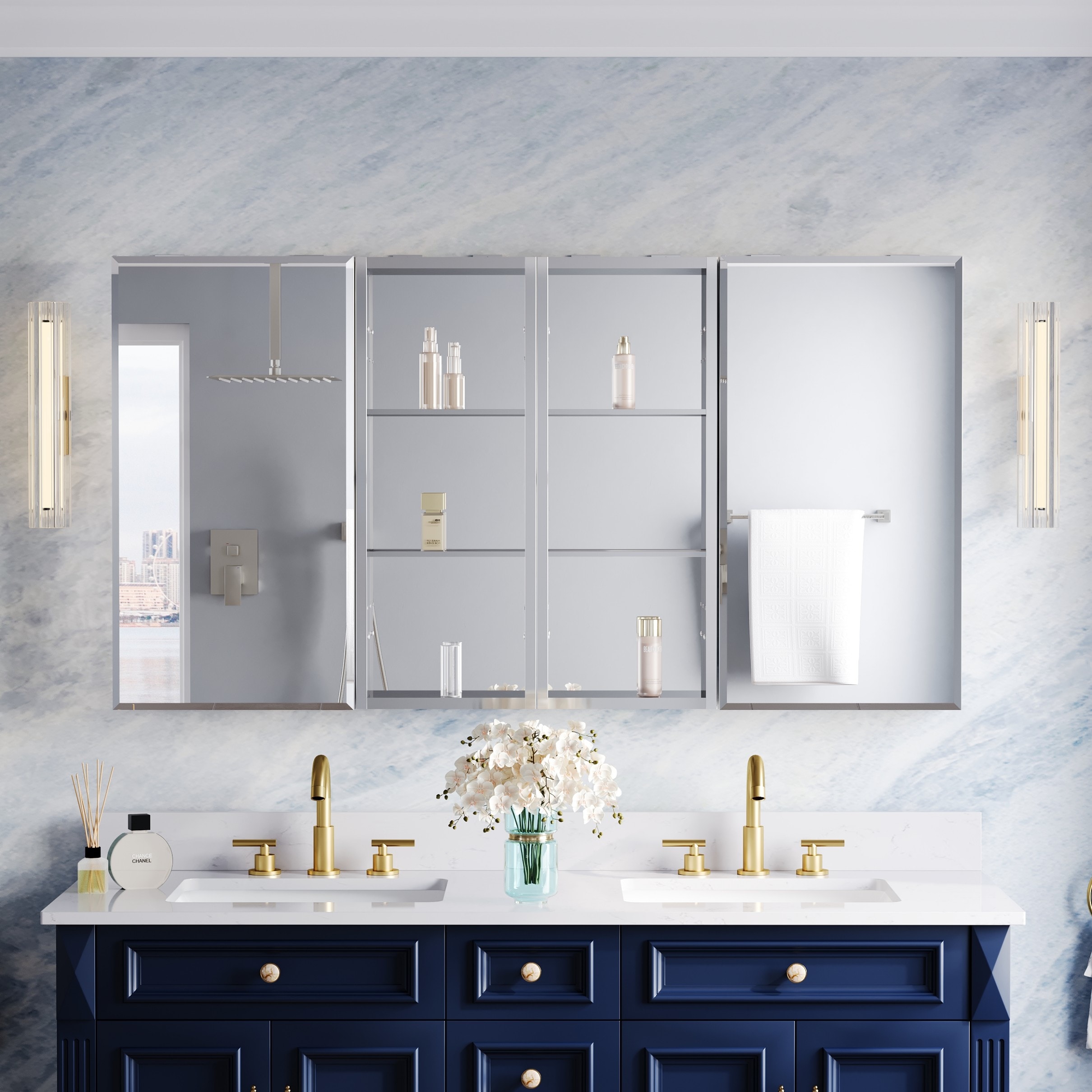 WELLFOR ROSA 56-in x 30-in x 4.81-in Silver Soft Close Bathroom Wall Cabinet