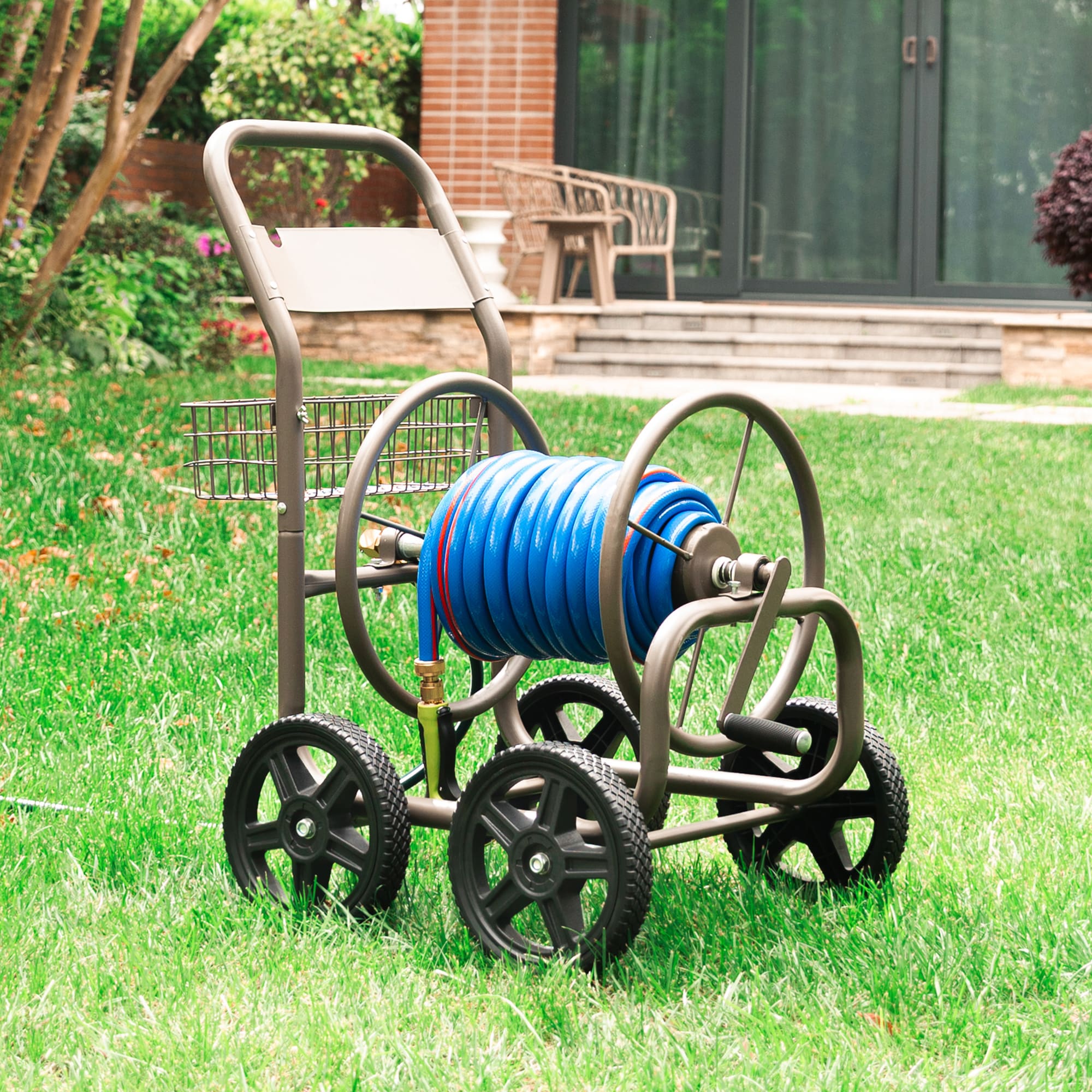 Glitzhome 2003400001 250 ft. Steel Gray 4-Wheel Garden Hose Reel Cart