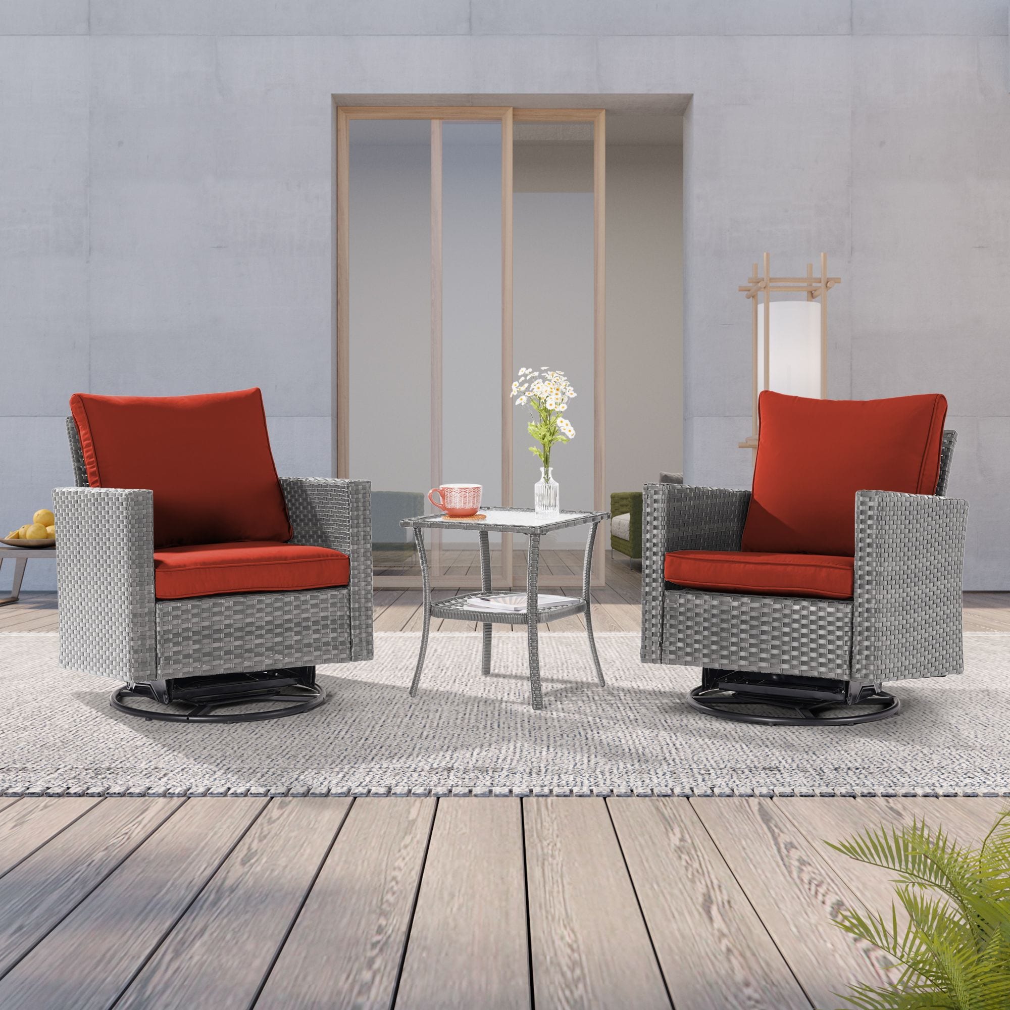Sonkuki SD-2RCHOGTB2 Swivel Rocking Chair 3 -Piece Rattan Patio Conversation Set with Red Cushions